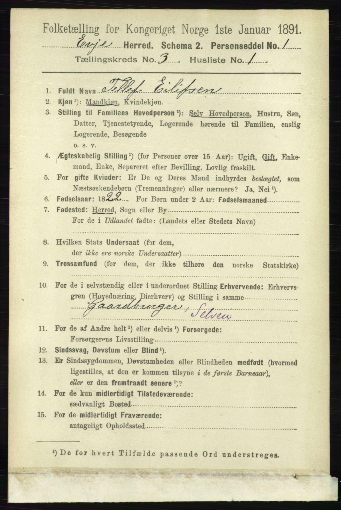 RA, 1891 census for 0937 Evje, 1891, p. 656