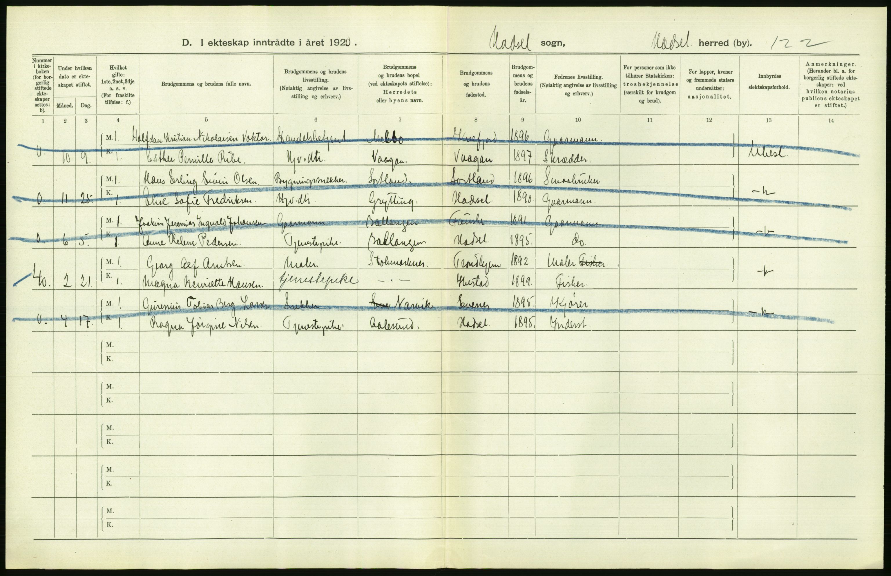 Statistisk sentralbyrå, Sosiodemografiske emner, Befolkning, RA/S-2228/D/Df/Dfb/Dfbj/L0057: Nordland fylke: Gifte, dødfødte. Bygder og byer., 1920, p. 262