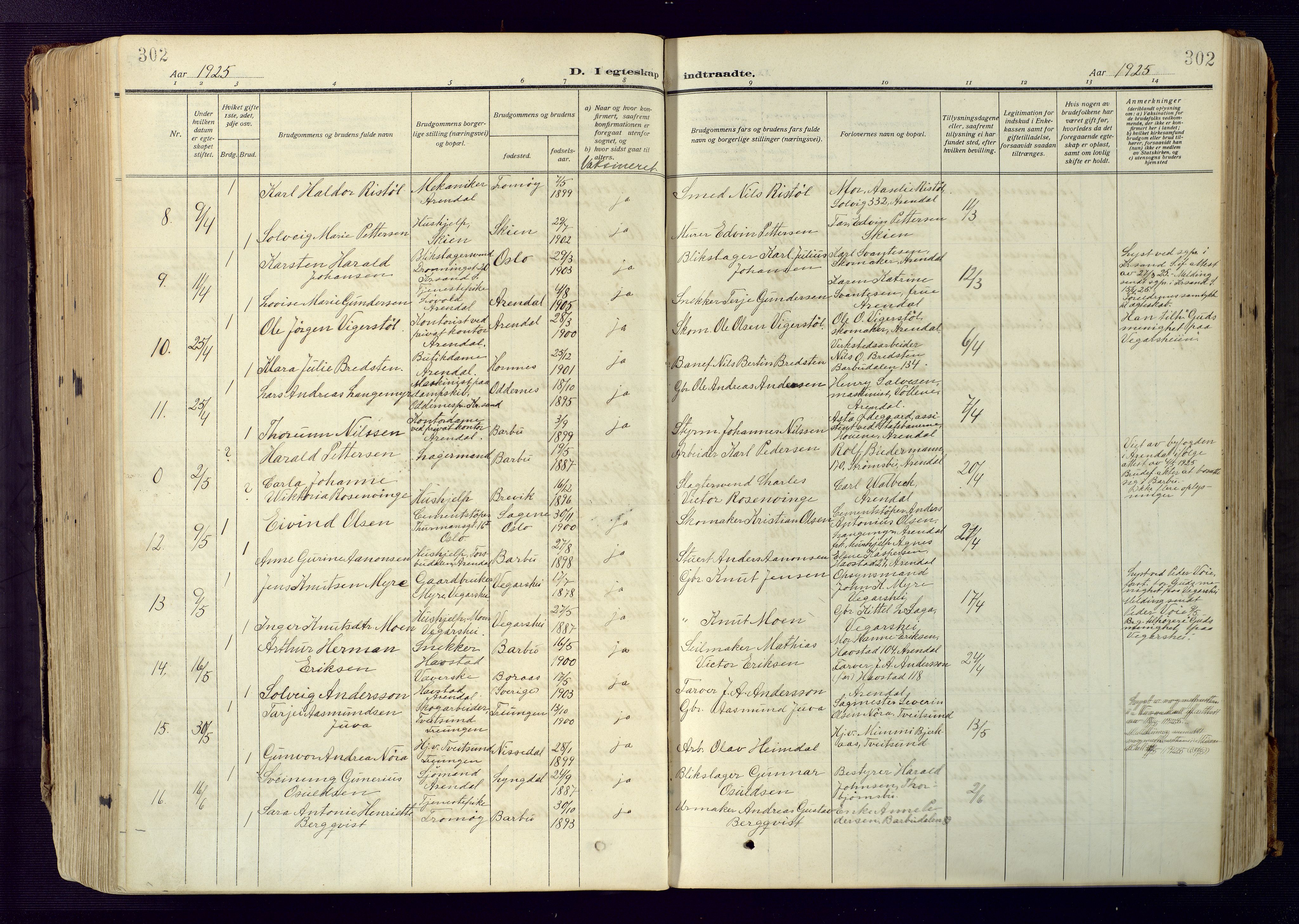 Barbu sokneprestkontor, AV/SAK-1111-0003/F/Fa/L0006: Parish register (official) no. A 6, 1910-1929, p. 302