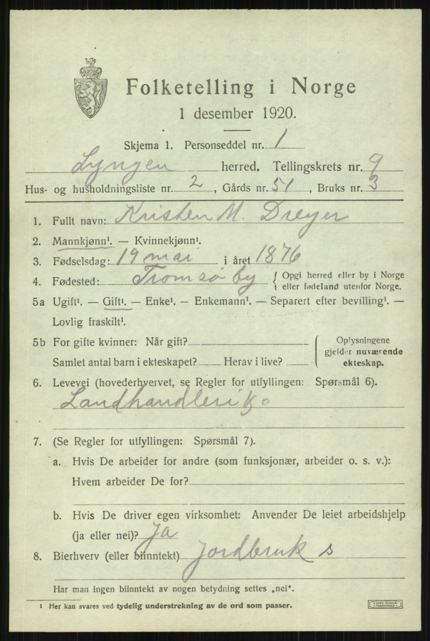 SATØ, 1920 census for Lyngen, 1920, p. 7567