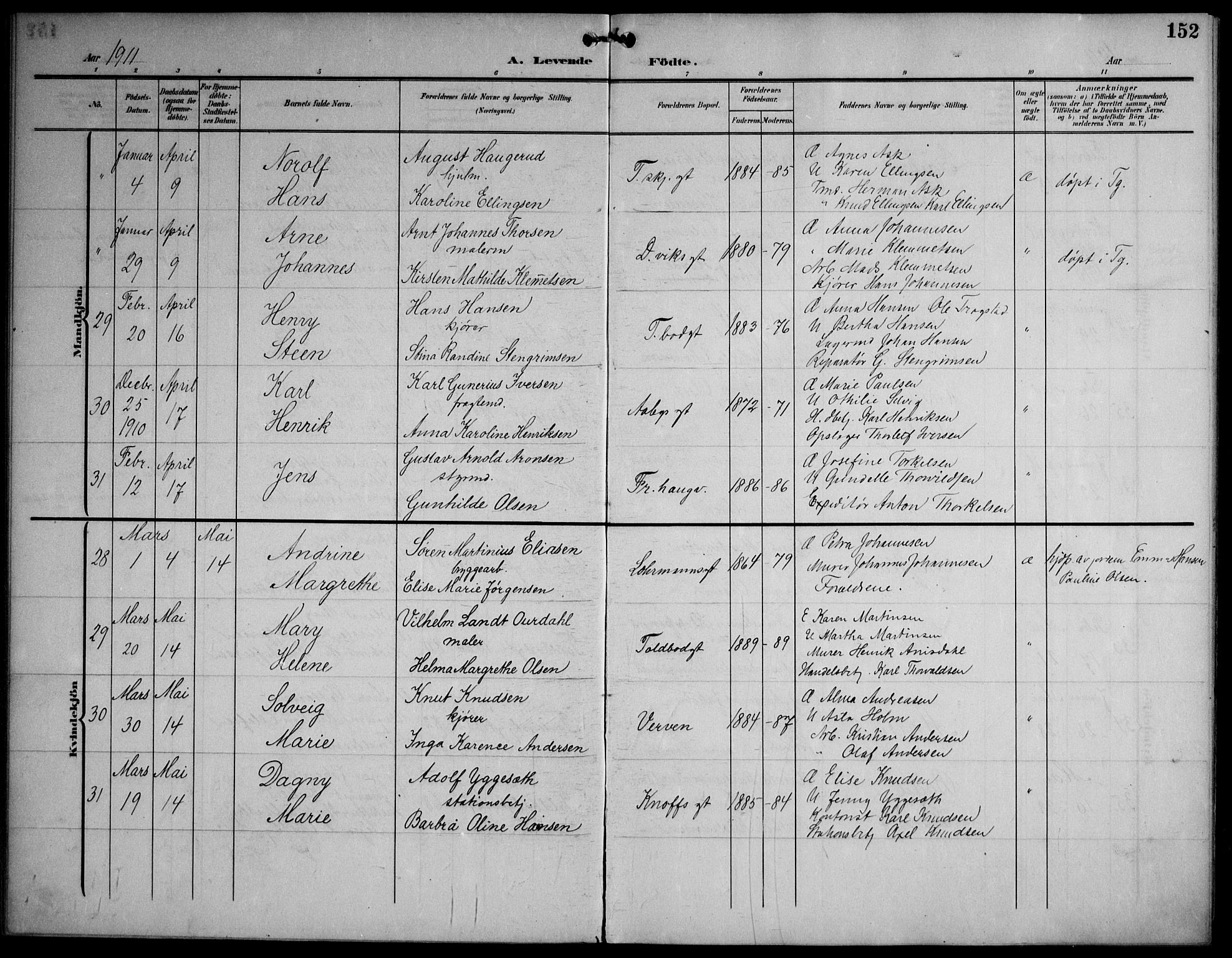 Strømsø kirkebøker, AV/SAKO-A-246/F/Fa/L0026: Parish register (official) no. I 26, 1905-1914, p. 152