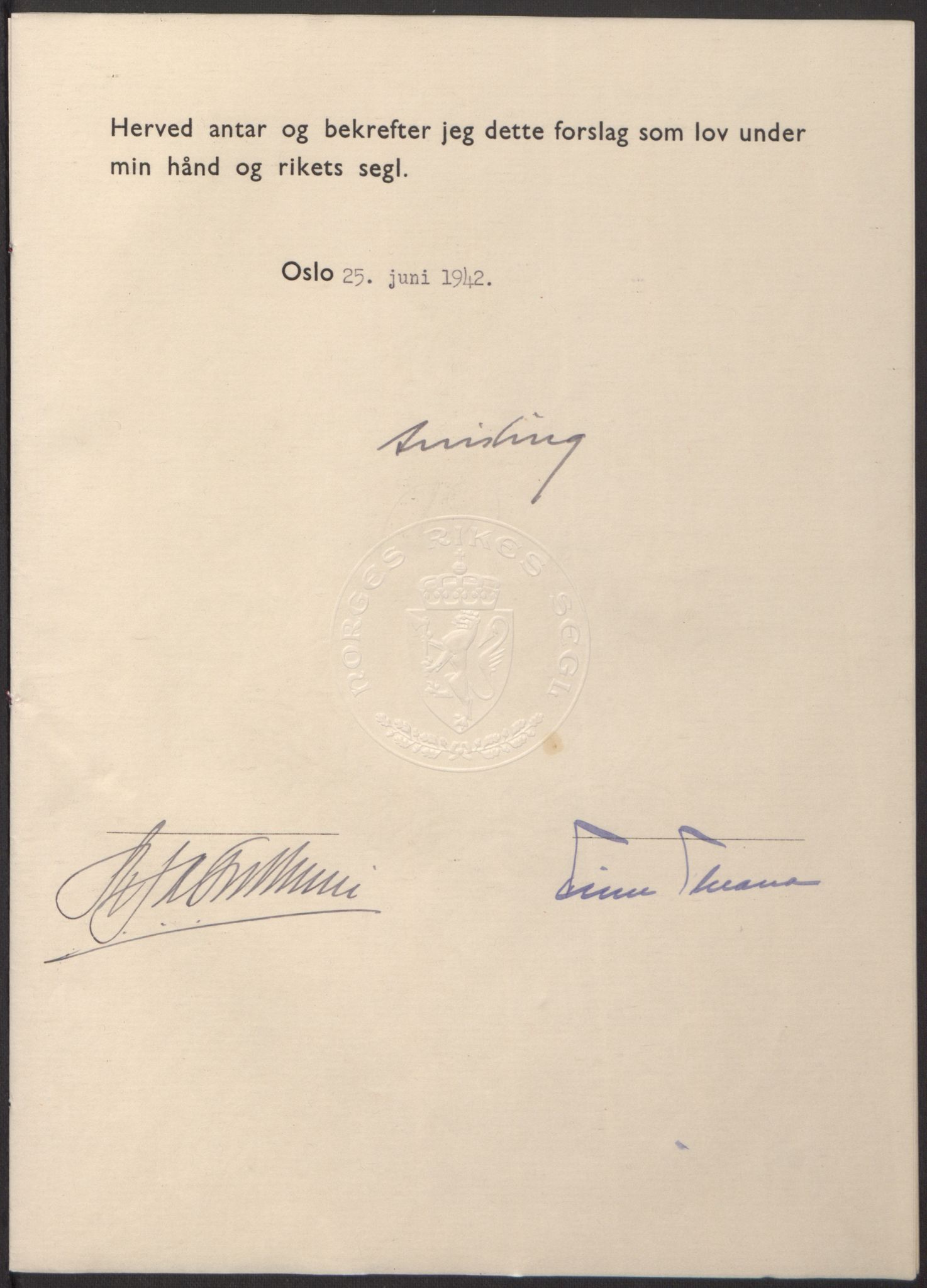NS-administrasjonen 1940-1945 (Statsrådsekretariatet, de kommisariske statsråder mm), RA/S-4279/D/Db/L0098: Lover II, 1942, p. 186