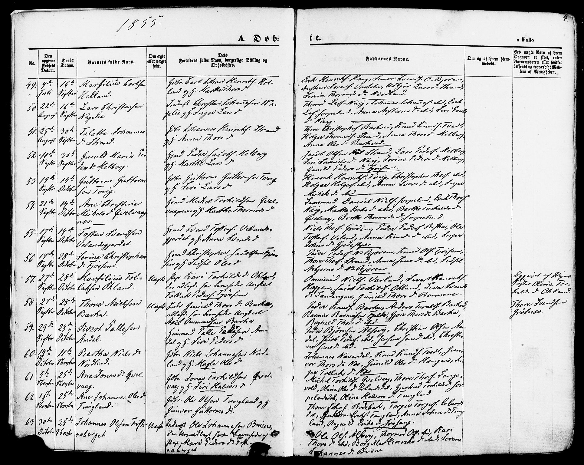 Strand sokneprestkontor, SAST/A-101828/H/Ha/Haa/L0007: Parish register (official) no. A 7, 1855-1881, p. 4
