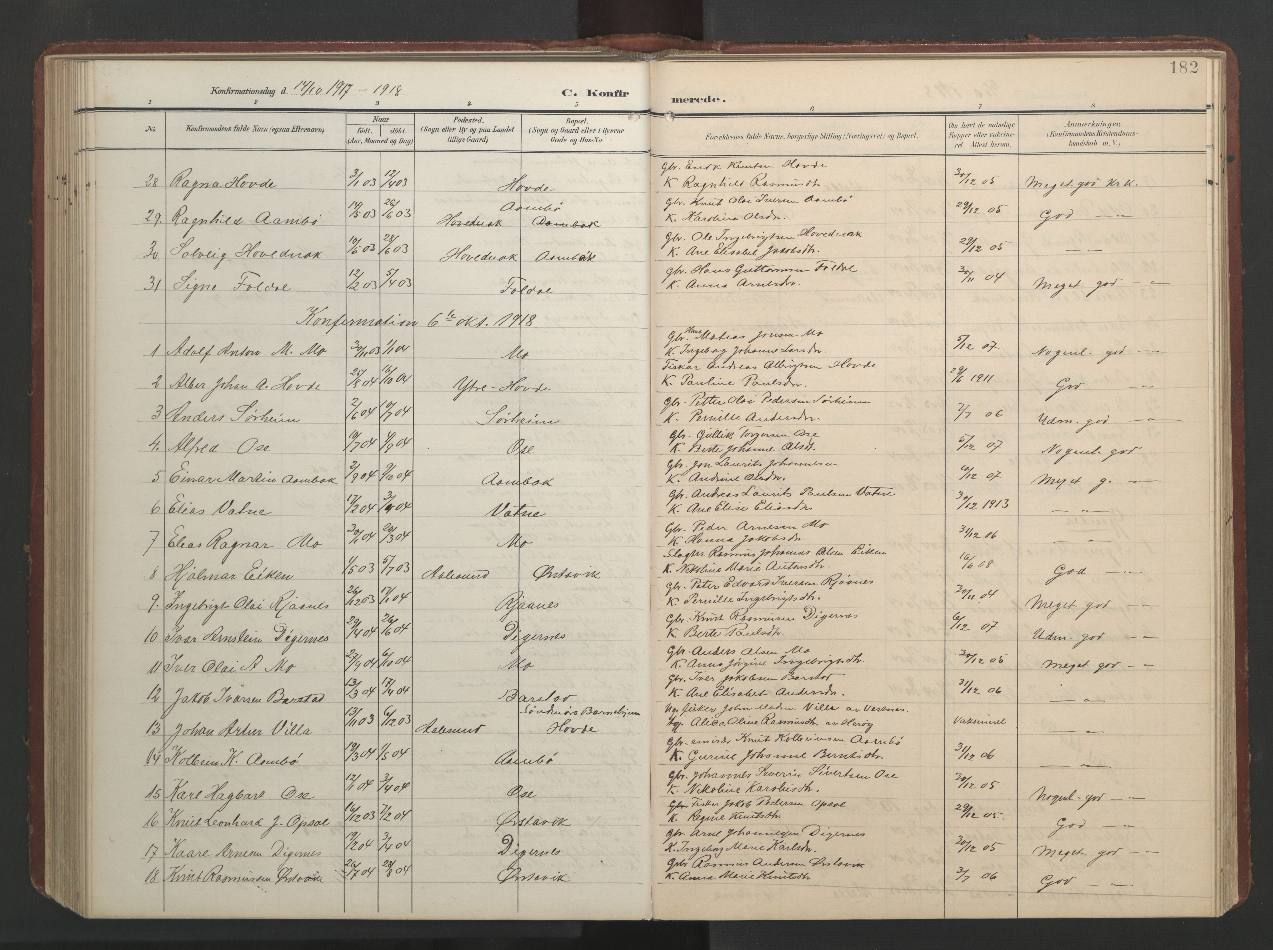 Ministerialprotokoller, klokkerbøker og fødselsregistre - Møre og Romsdal, AV/SAT-A-1454/513/L0190: Parish register (copy) no. 513C04, 1904-1926, p. 182