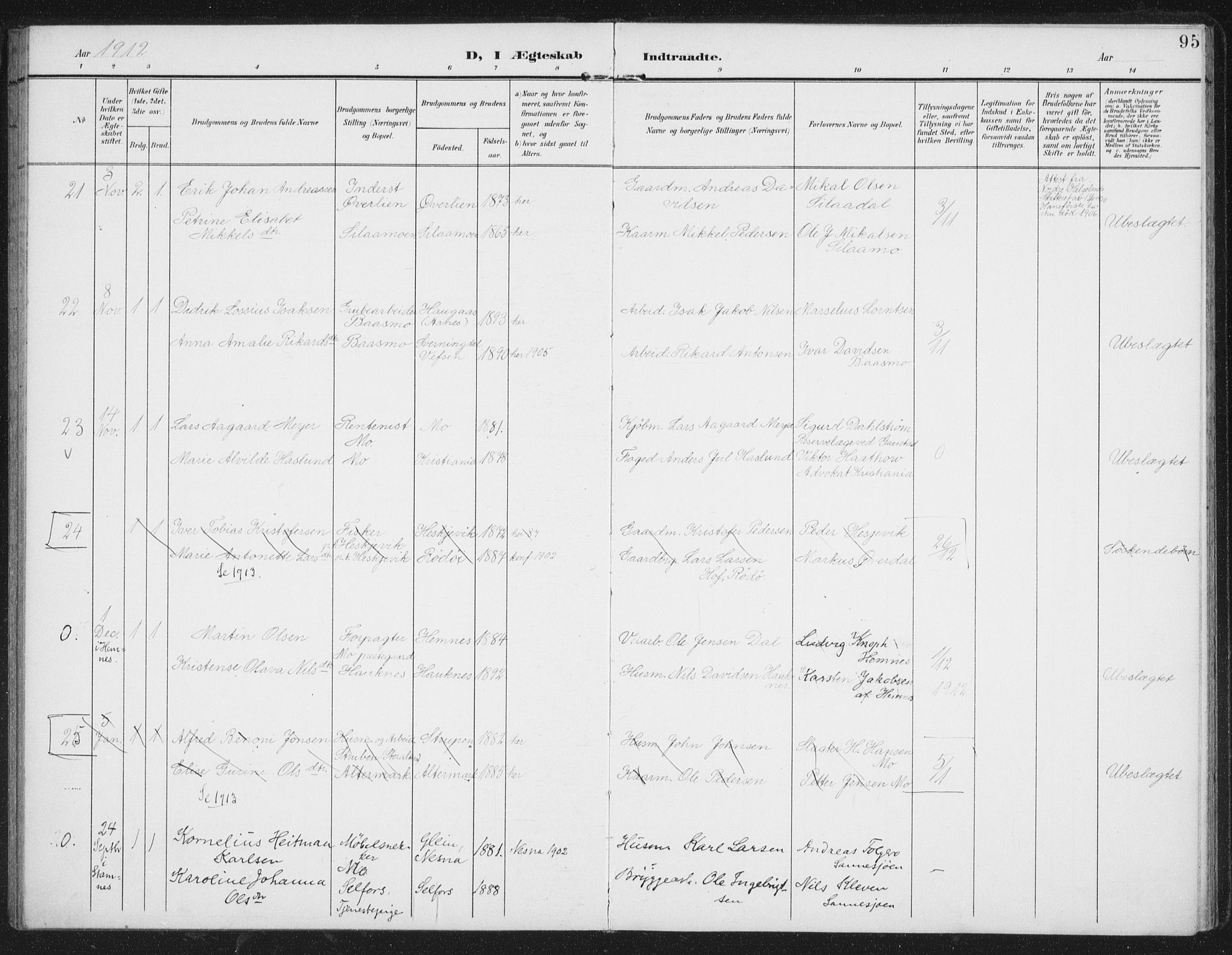 Ministerialprotokoller, klokkerbøker og fødselsregistre - Nordland, AV/SAT-A-1459/827/L0403: Parish register (official) no. 827A15, 1903-1912, p. 95