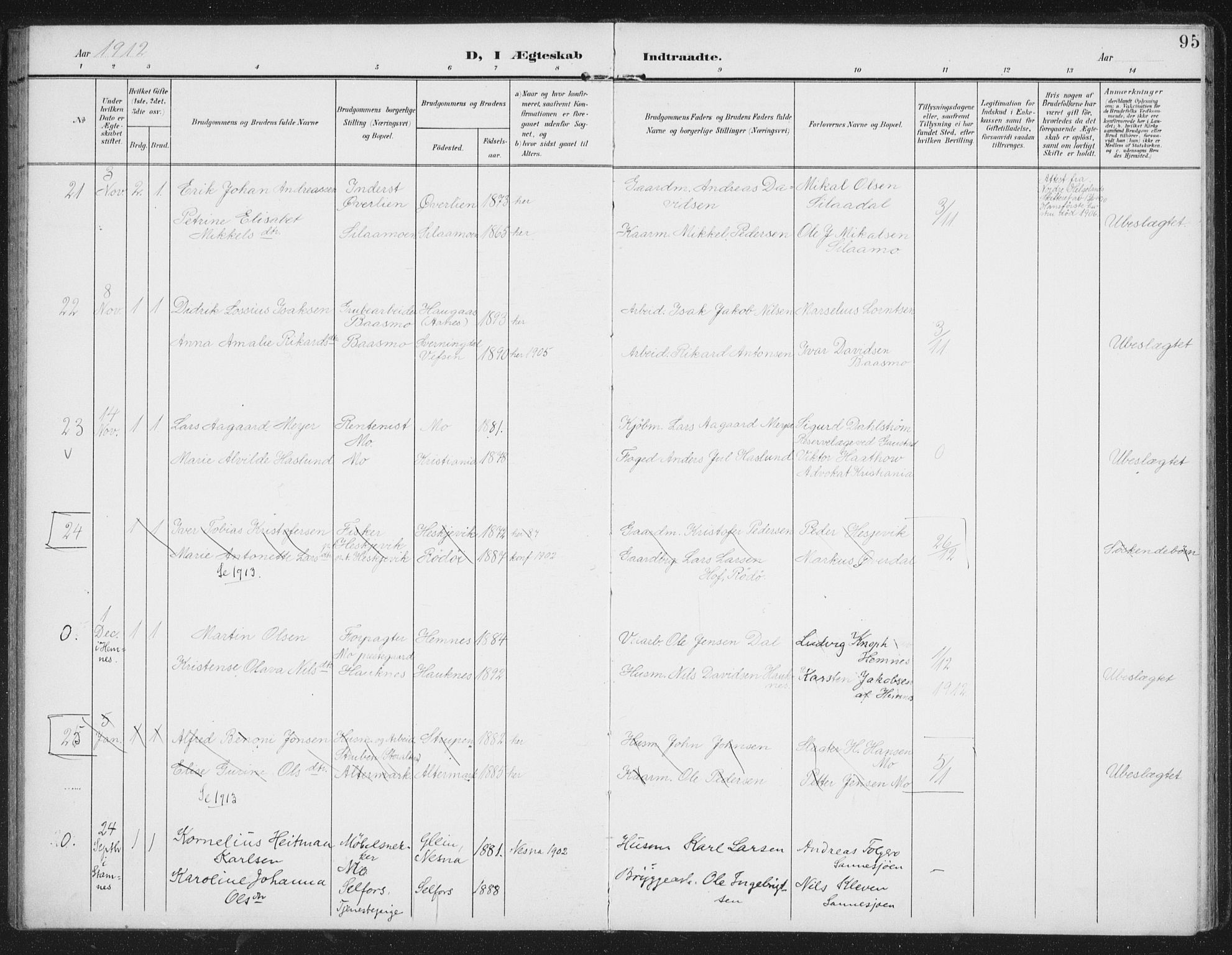 Ministerialprotokoller, klokkerbøker og fødselsregistre - Nordland, AV/SAT-A-1459/827/L0403: Parish register (official) no. 827A15, 1903-1912, p. 95