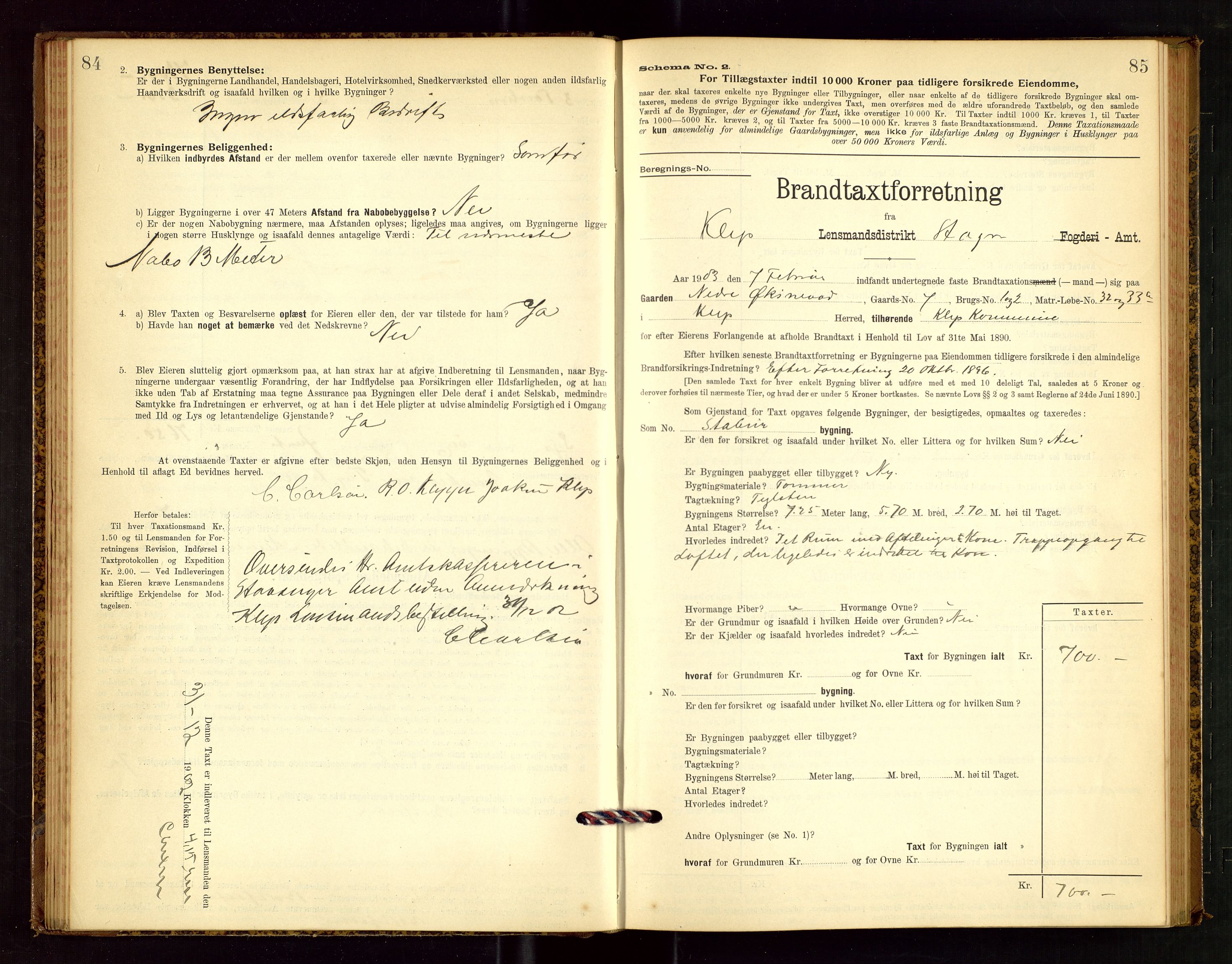 Klepp lensmannskontor, SAST/A-100163/Goc/L0003: "Brandtaxationsprotokol" m/register, 1902-1907, p. 84-85