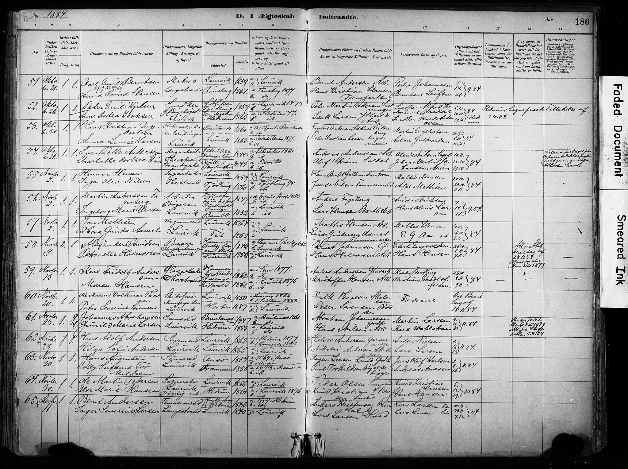 Larvik kirkebøker, AV/SAKO-A-352/F/Fa/L0008: Parish register (official) no. I 8, 1884-1902, p. 186