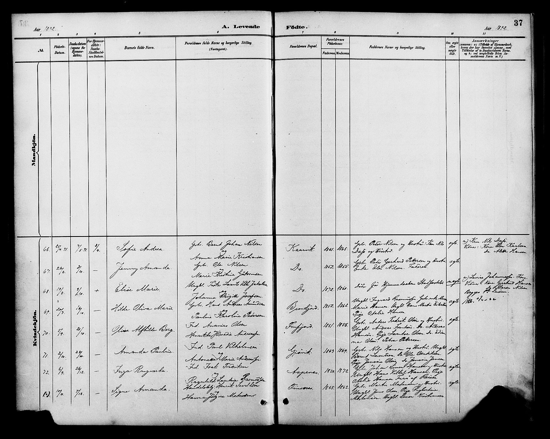 Lenvik sokneprestembete, SATØ/S-1310/H/Ha/Haa/L0013kirke: Parish register (official) no. 13, 1890-1898, p. 37