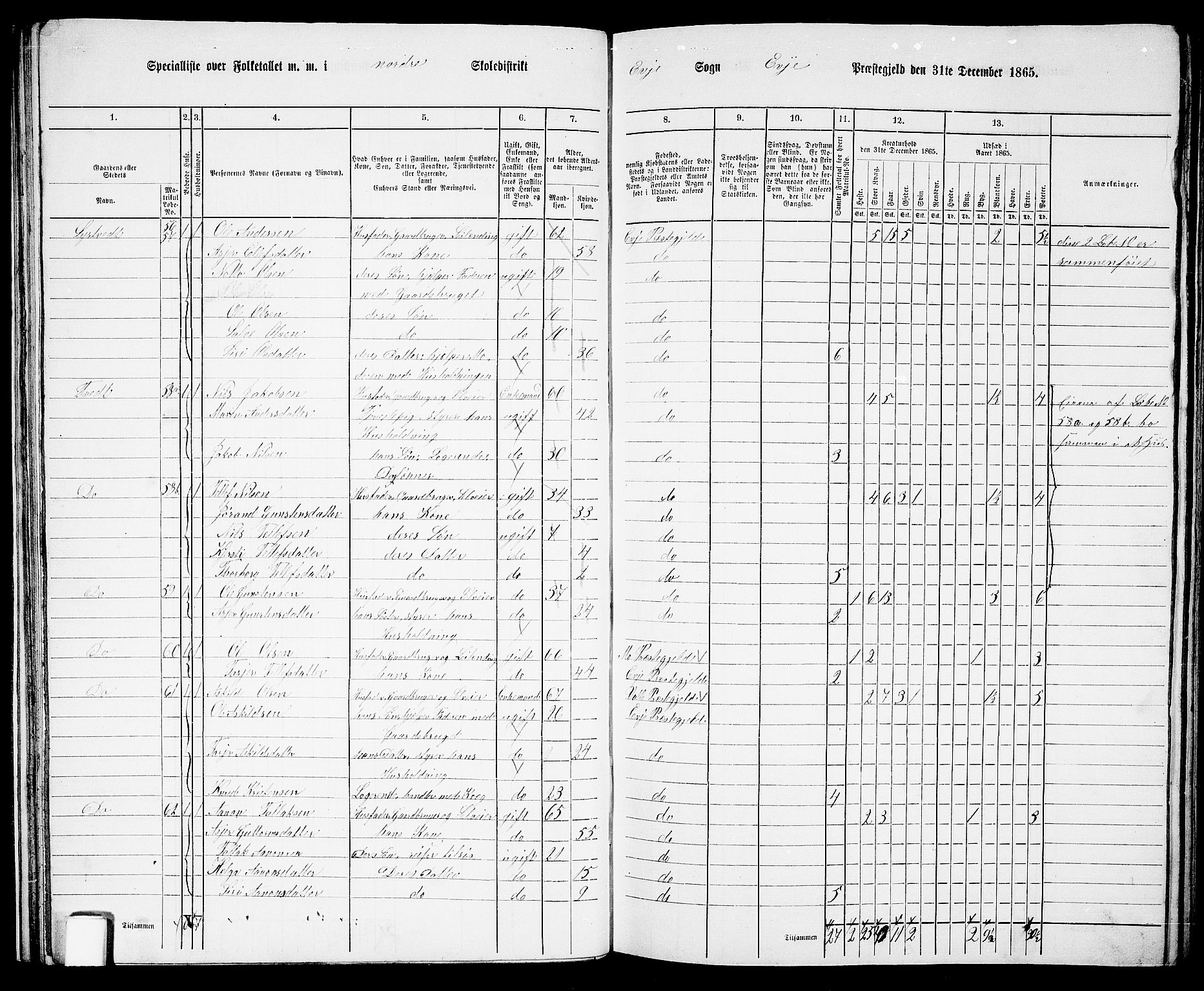 RA, 1865 census for Evje, 1865, p. 33