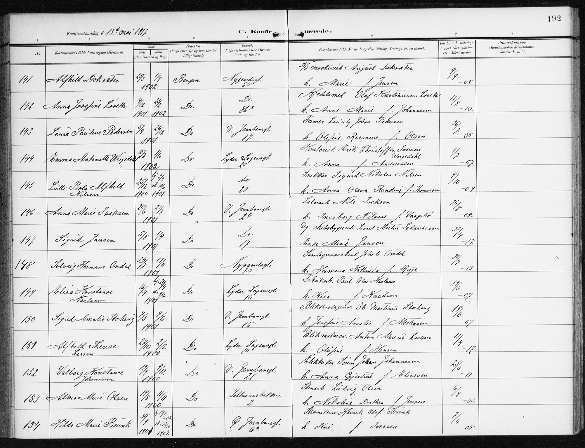 Johanneskirken sokneprestembete, AV/SAB-A-76001/H/Haa/L0009: Parish register (official) no. C 2, 1907-1924, p. 192