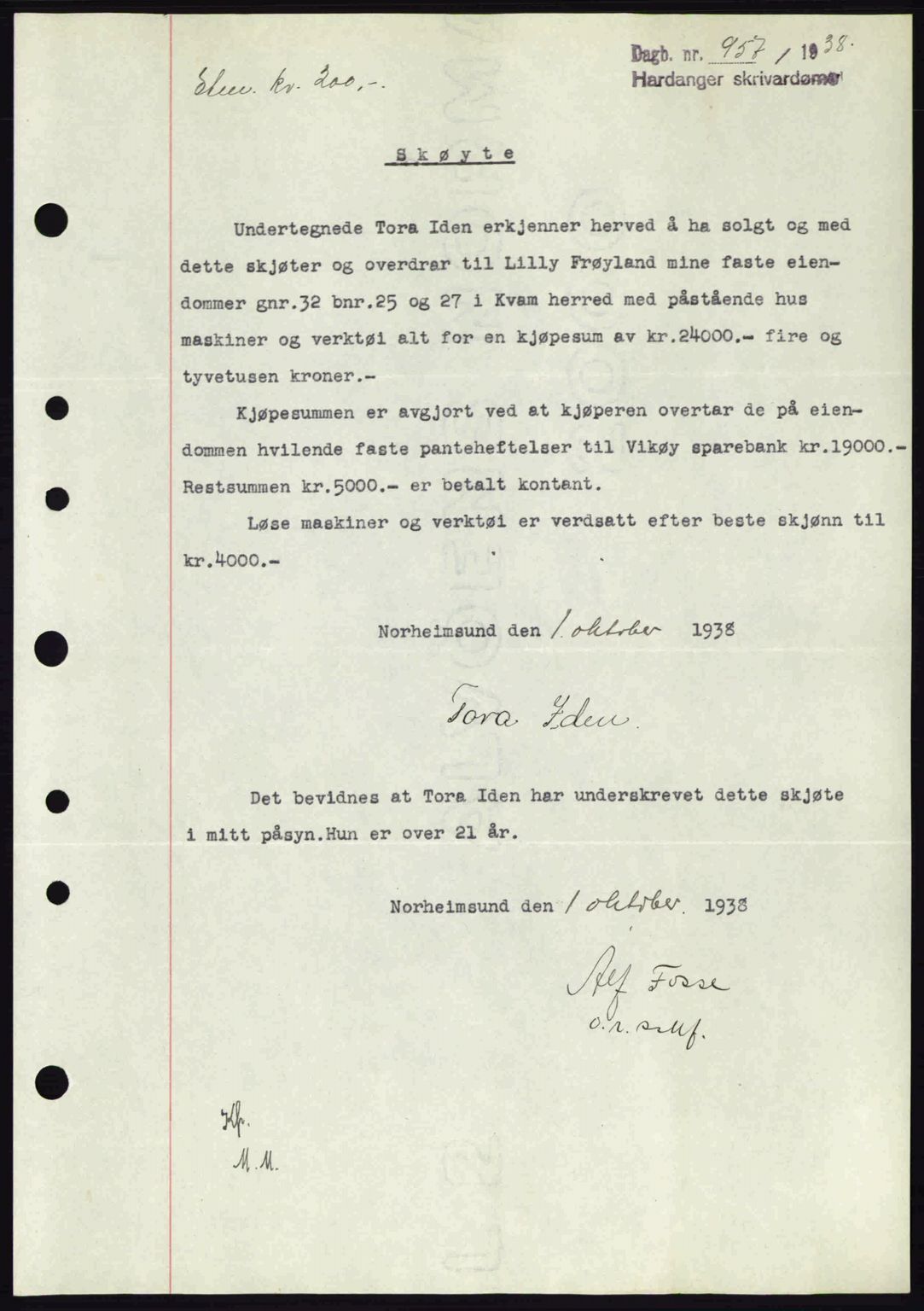 Hardanger sorenskriver, AV/SAB-A-2101/G/Ge/Gec/L0004: Mortgage book no. A4, 1938-1939, Diary no: : 957/1938