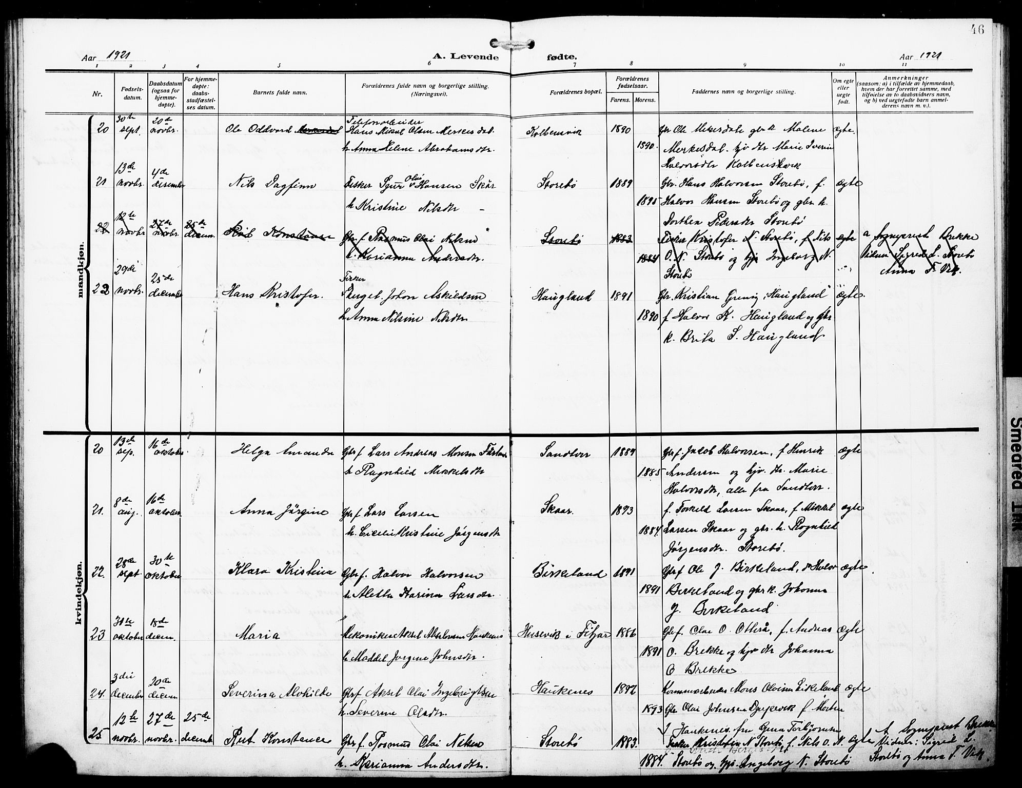 Austevoll sokneprestembete, AV/SAB-A-74201/H/Ha/Hab/Haba/L0005: Parish register (copy) no. A 5, 1913-1925, p. 46