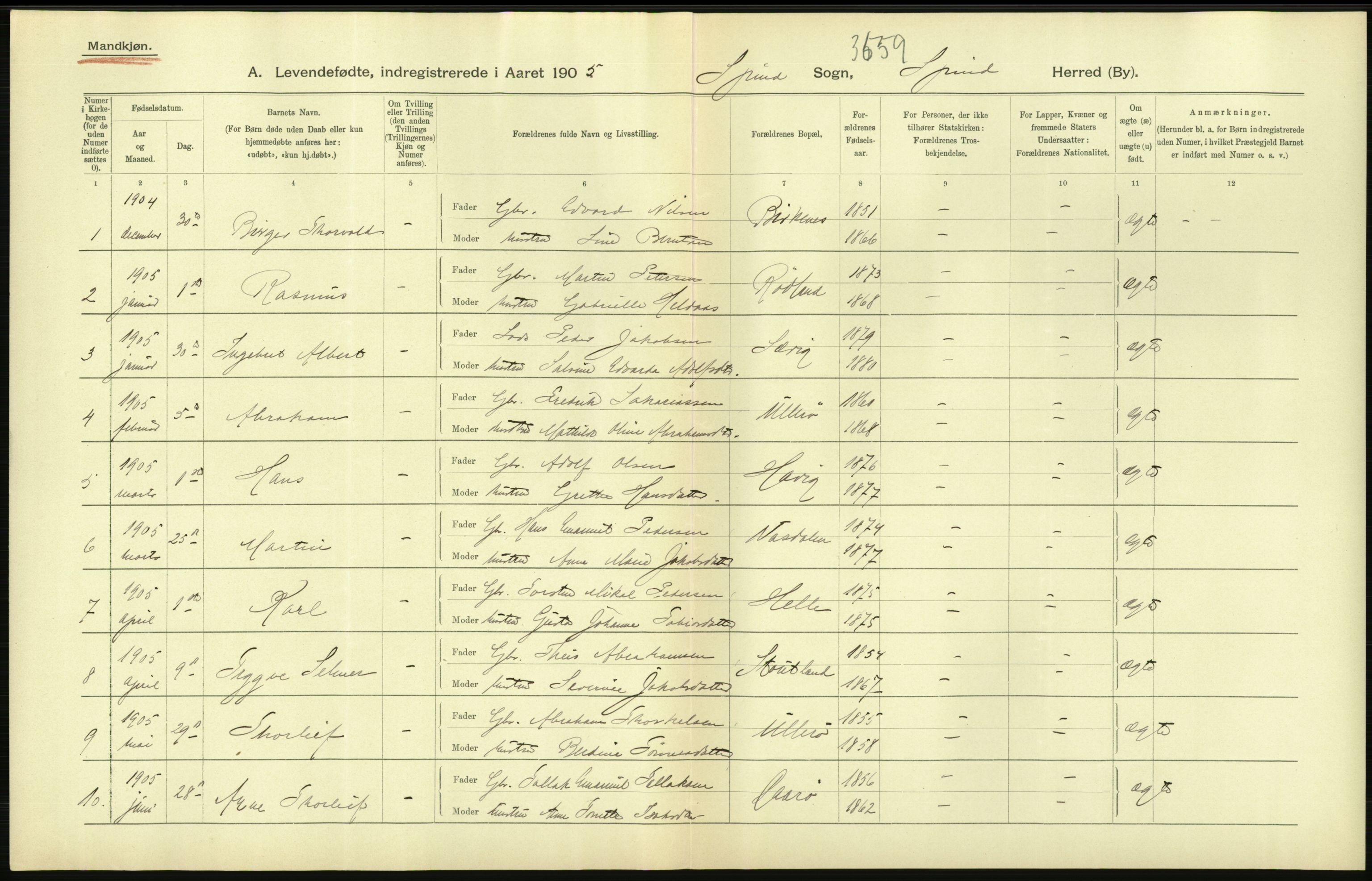 Statistisk sentralbyrå, Sosiodemografiske emner, Befolkning, AV/RA-S-2228/D/Df/Dfa/Dfac/L0020: Lister og Mandals amt: Fødte. Bygder, 1905, p. 110