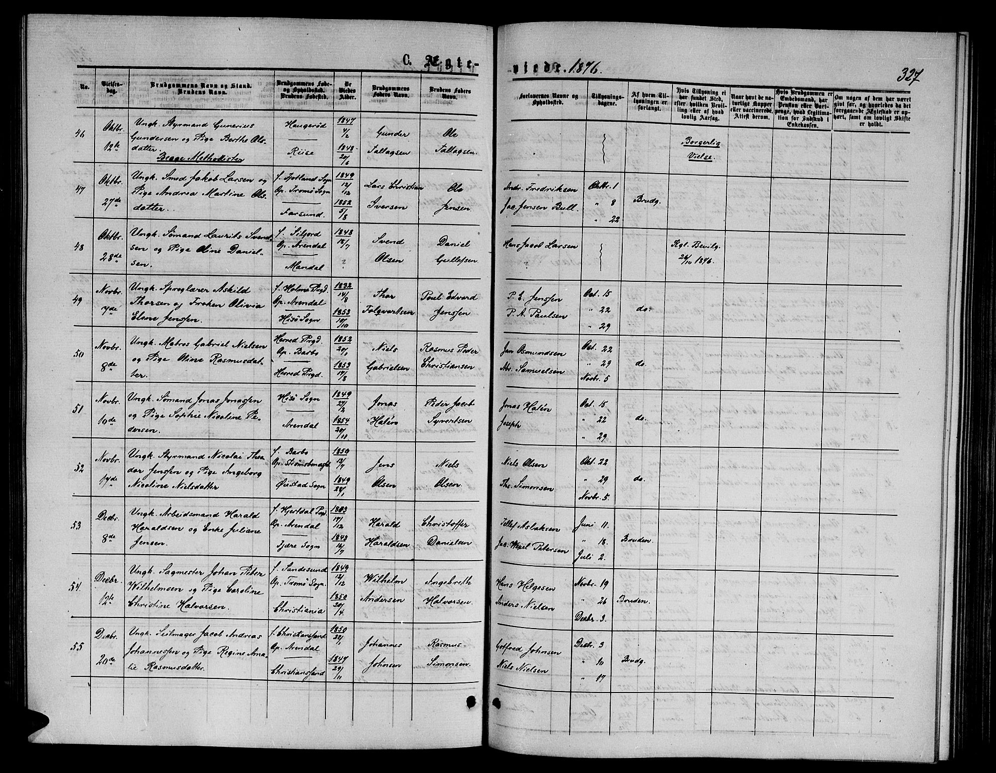 Arendal sokneprestkontor, Trefoldighet, AV/SAK-1111-0040/F/Fb/L0005: Parish register (copy) no. B 5, 1874-1888, p. 327