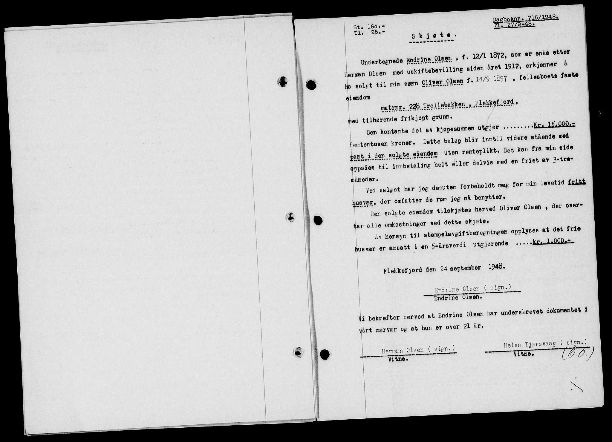 Flekkefjord sorenskriveri, SAK/1221-0001/G/Gb/Gba/L0064: Mortgage book no. A-12, 1948-1949, Diary no: : 715/1948