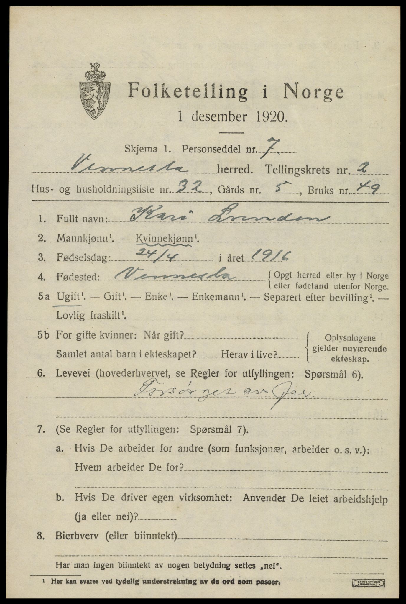 SAK, 1920 census for Vennesla, 1920, p. 1890