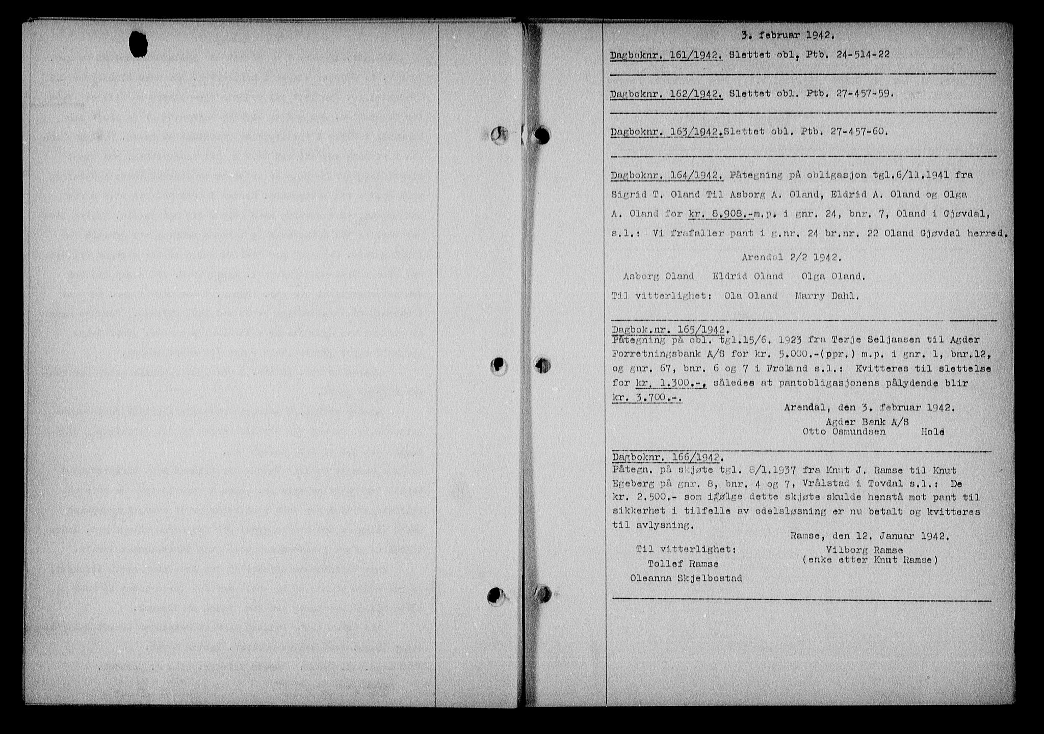 Nedenes sorenskriveri, AV/SAK-1221-0006/G/Gb/Gba/L0049: Mortgage book no. A-III, 1941-1942, Diary no: : 161/1942