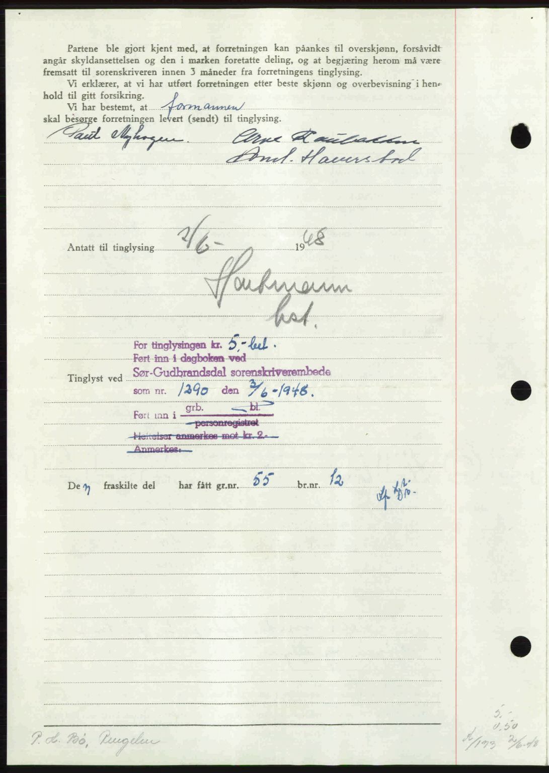 Sør-Gudbrandsdal tingrett, SAH/TING-004/H/Hb/Hbd/L0022: Mortgage book no. A22, 1948-1948, Diary no: : 1290/1948