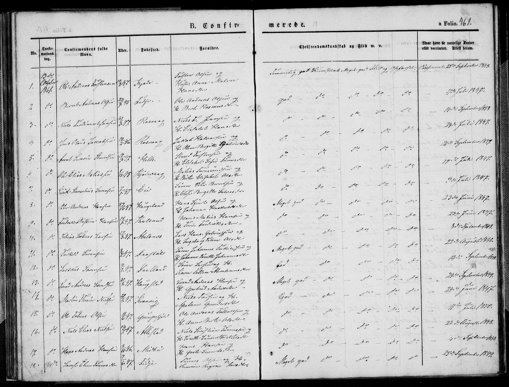 Flekkefjord sokneprestkontor, SAK/1111-0012/F/Fb/Fbb/L0002: Parish register (copy) no. B 2b, 1831-1866, p. 461