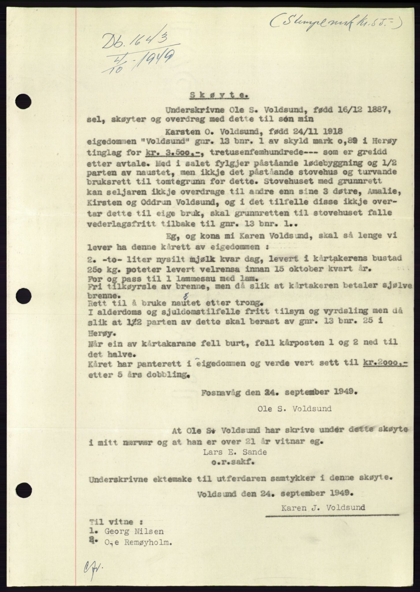 Søre Sunnmøre sorenskriveri, AV/SAT-A-4122/1/2/2C/L0085: Mortgage book no. 11A, 1949-1949, Diary no: : 1643/1949