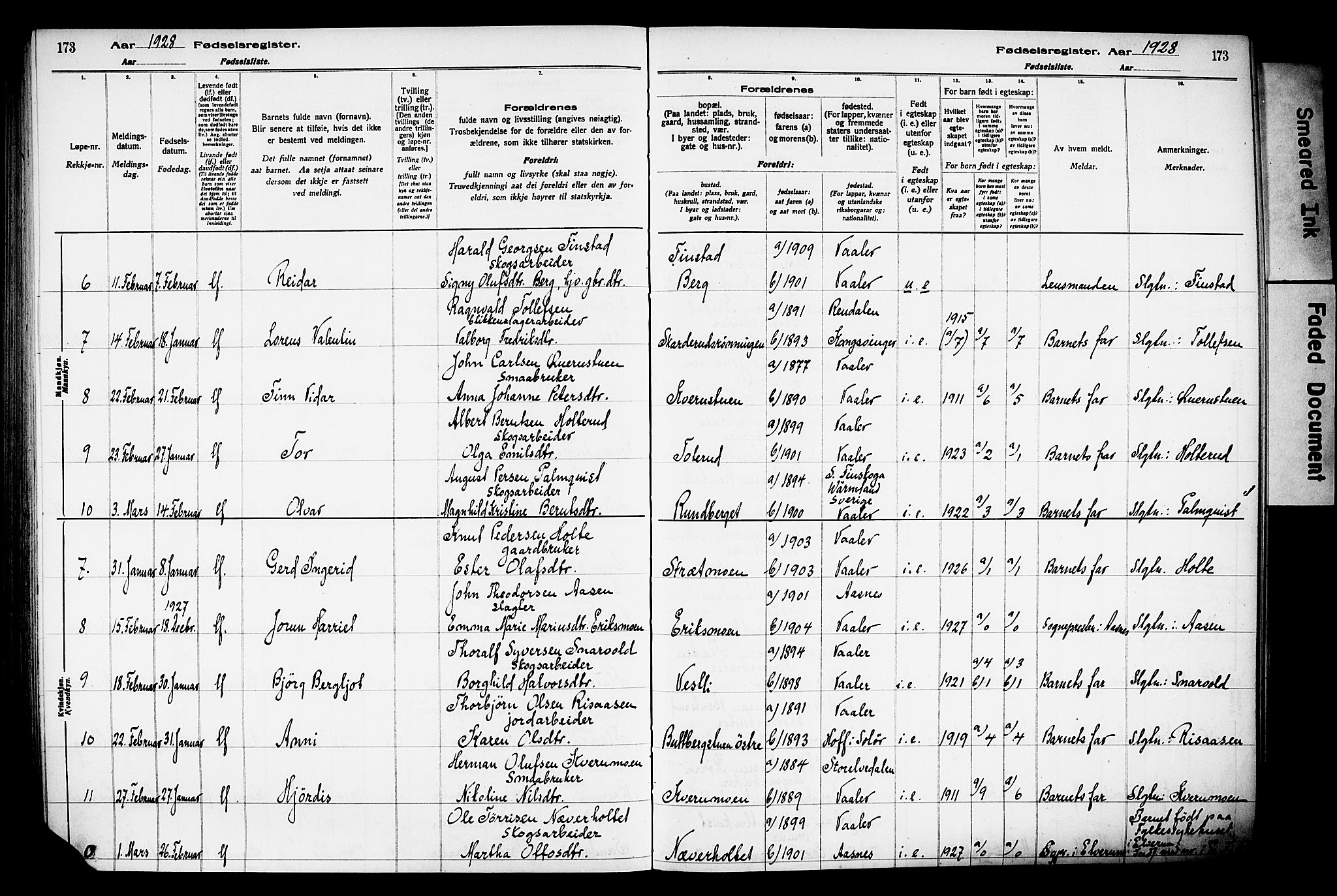 Våler prestekontor, Hedmark, AV/SAH-PREST-040/I/Id/L0001: Birth register no. 1, 1916-1930, p. 173