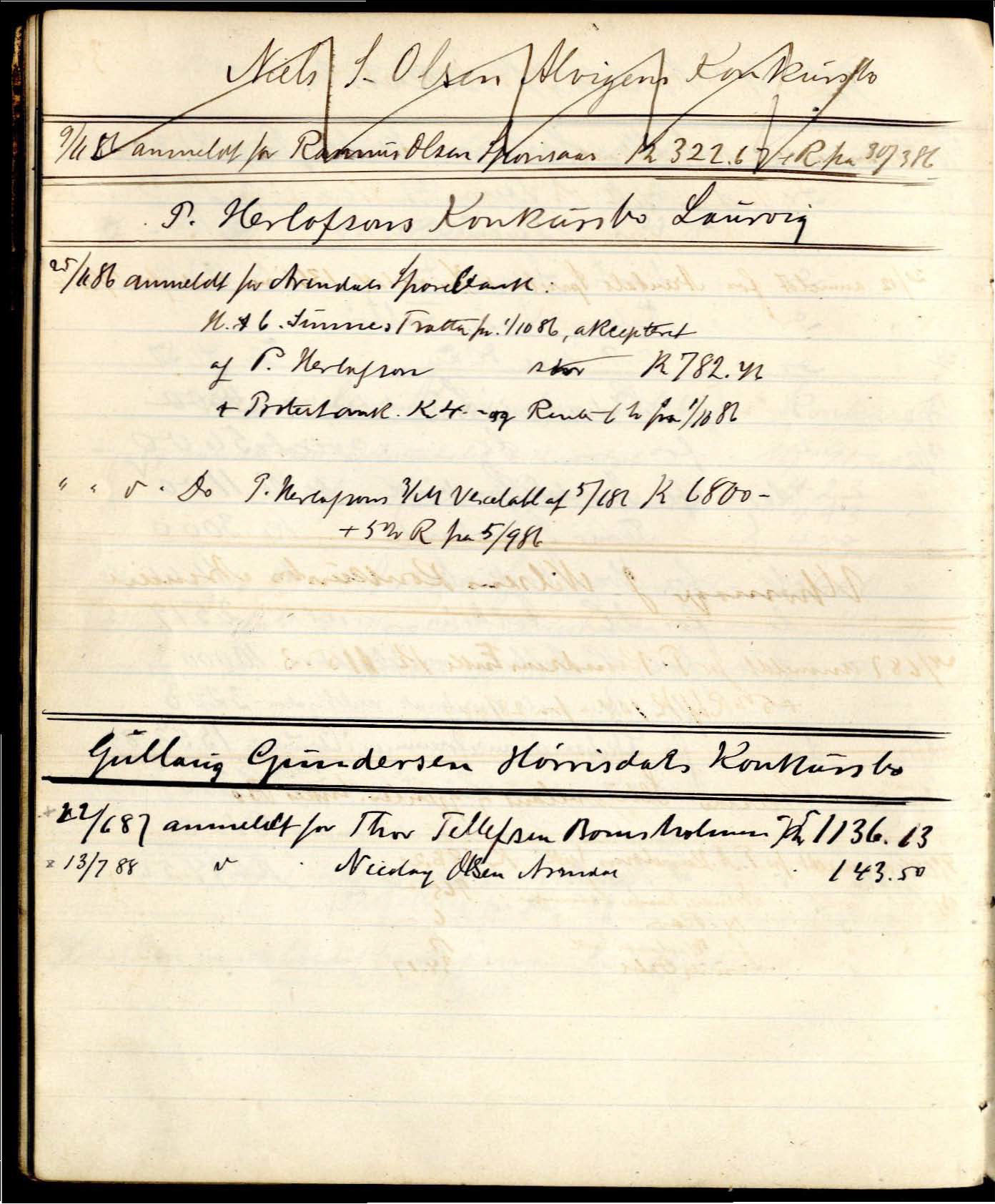 Dedekam, Michael Eidsvold. Overrettssakfører, AAKS/PA-2493/H/H01/L0001/0001: Behandling av konkurs/ auksjoner / Bog nr. 1 til anmeldte Fordringer i Konkursboer , 1881-1894, p. 38