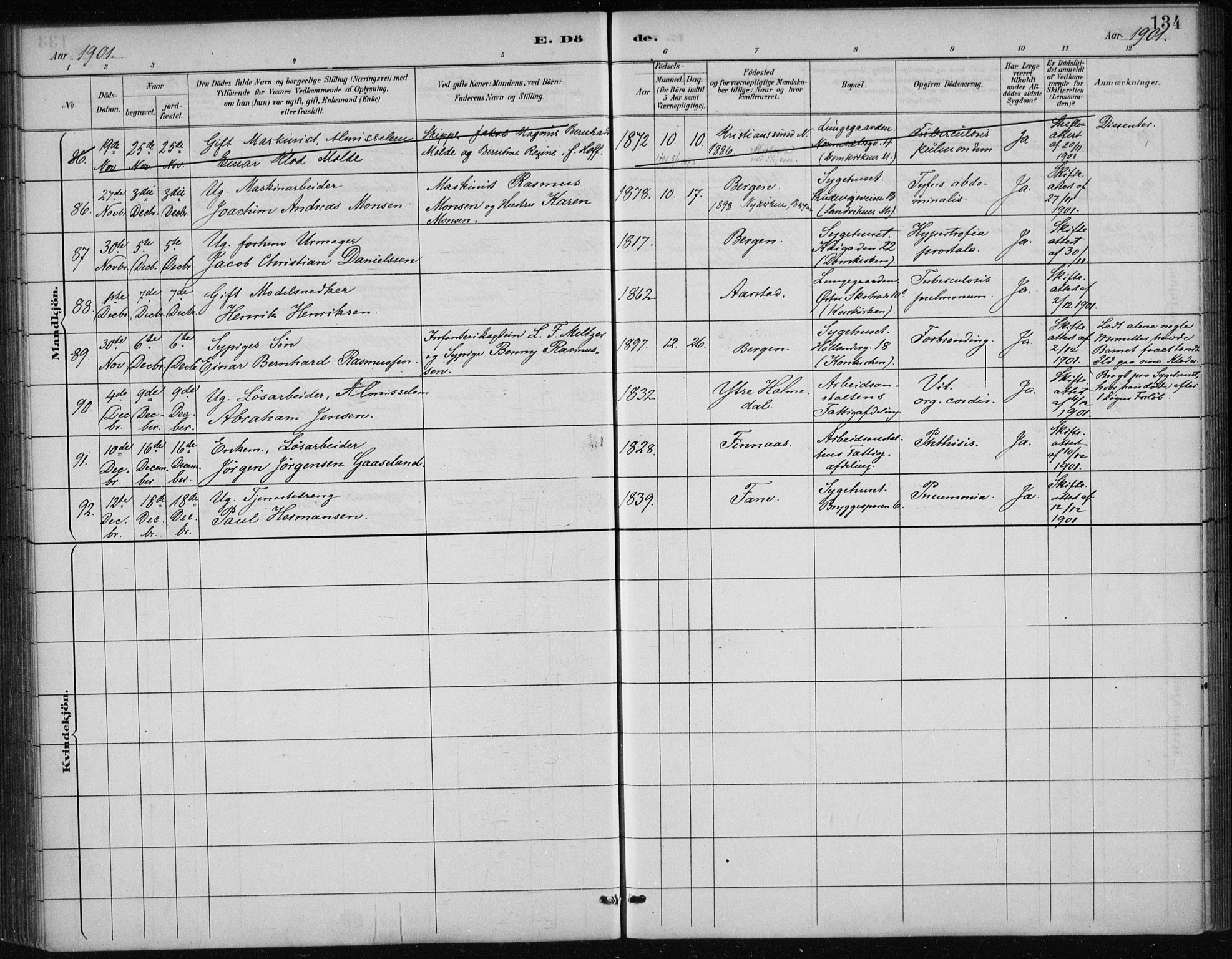 Bergen kommunale pleiehjem - stiftelsespresten, AV/SAB-A-100281: Parish register (official) no. A 5, 1887-1908, p. 134