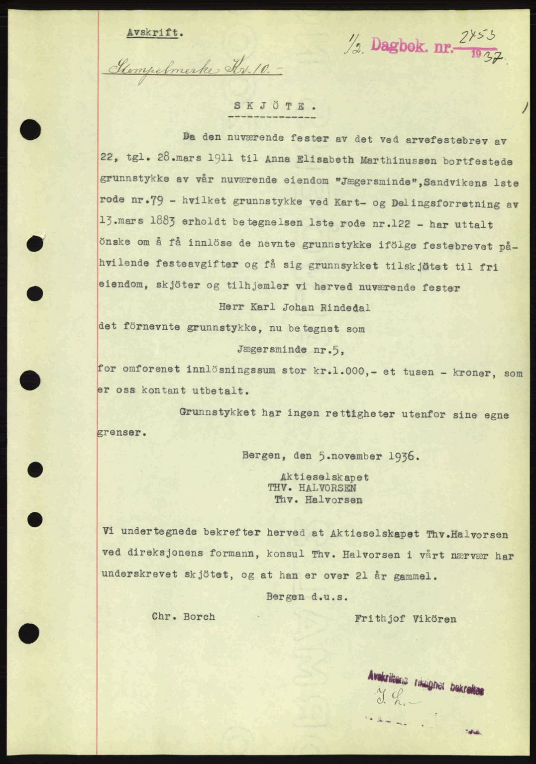 Byfogd og Byskriver i Bergen, SAB/A-3401/03/03Bc/L0004: Mortgage book no. A3-4, 1936-1937, Diary no: : 2453/1937