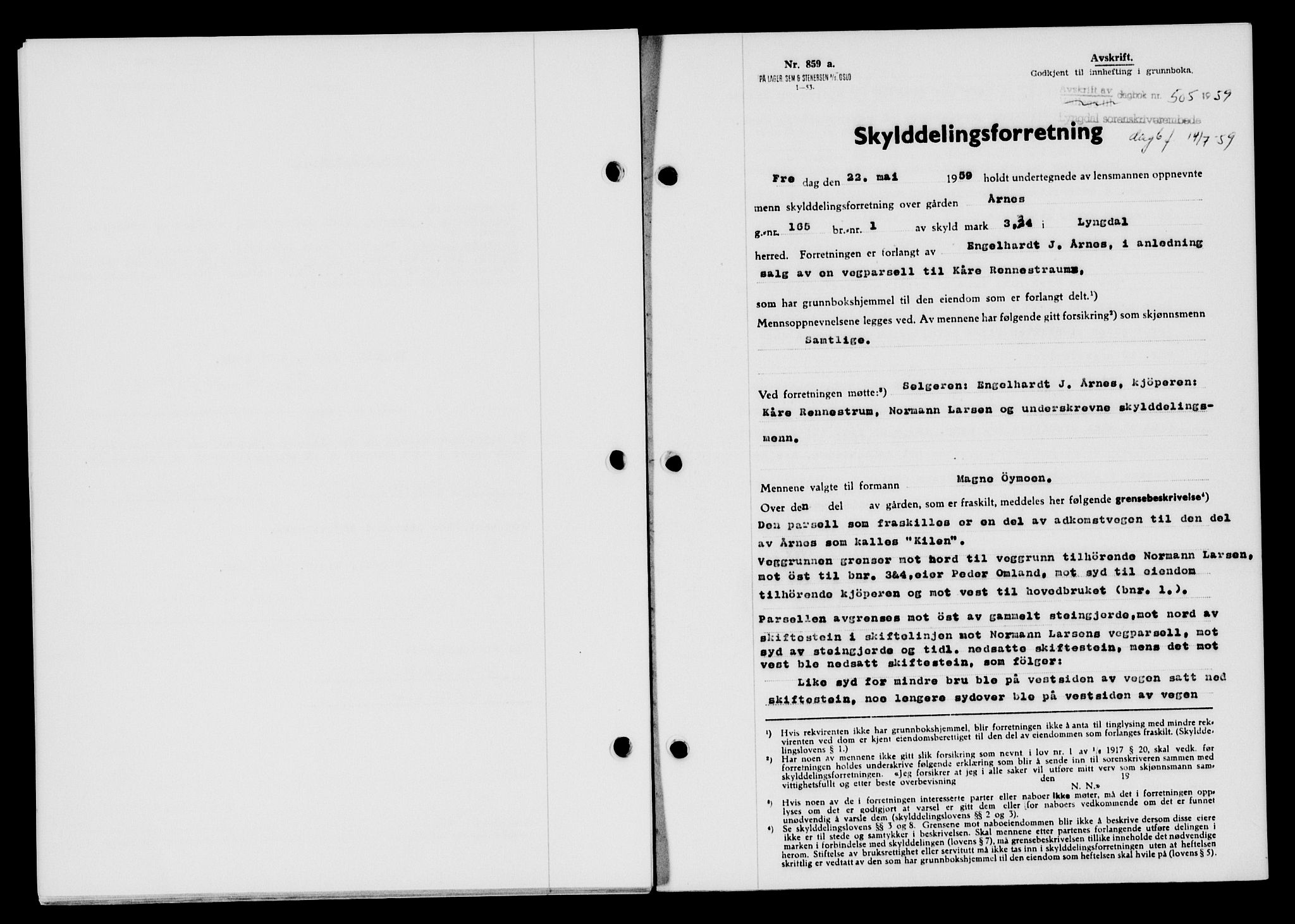 Lyngdal sorenskriveri, AV/SAK-1221-0004/G/Gb/L0678: Mortgage book no. A XXIV, 1958-1959, Diary no: : 505/1959