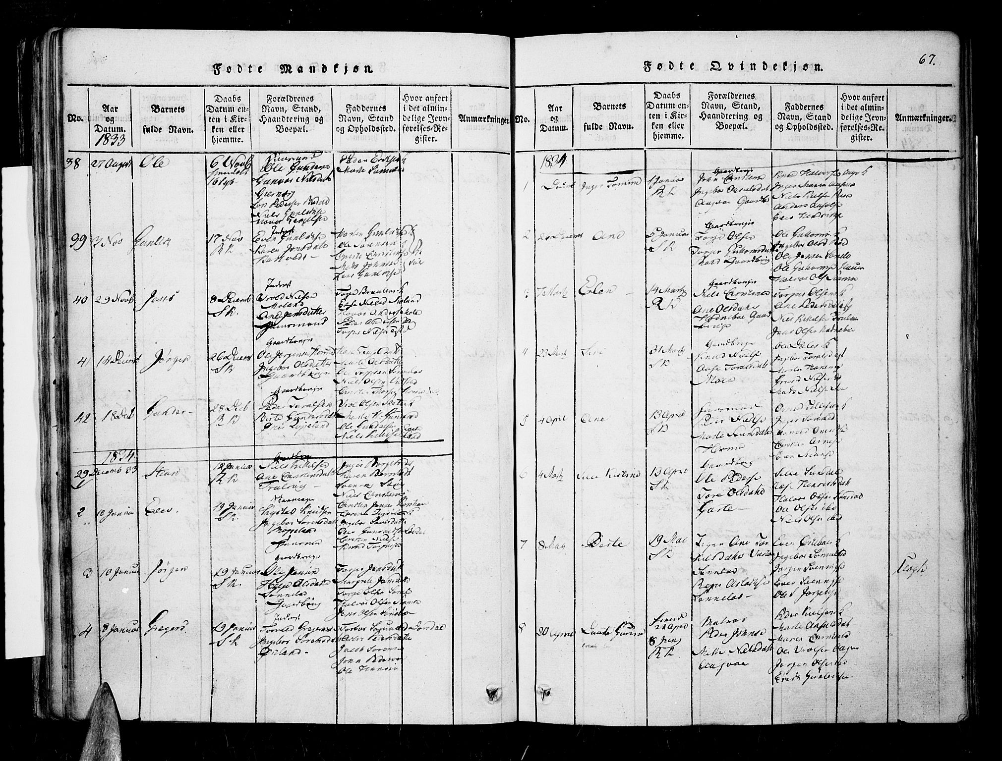 Søndeled sokneprestkontor, AV/SAK-1111-0038/F/Fa/L0001: Parish register (official) no. A 1, 1816-1838, p. 67