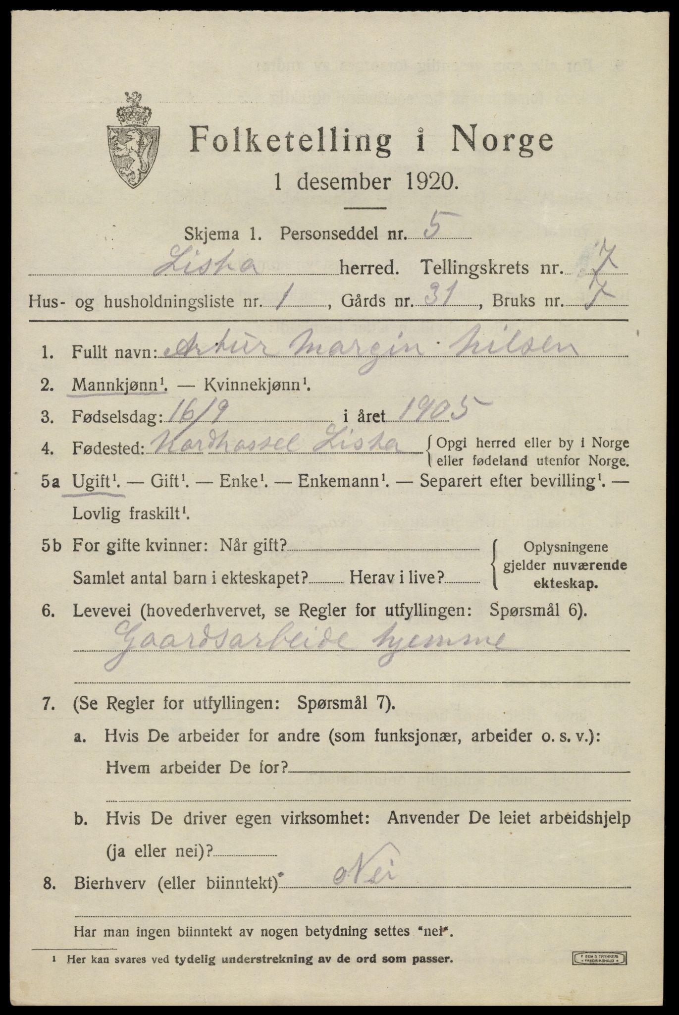 SAK, 1920 census for Lista, 1920, p. 6975