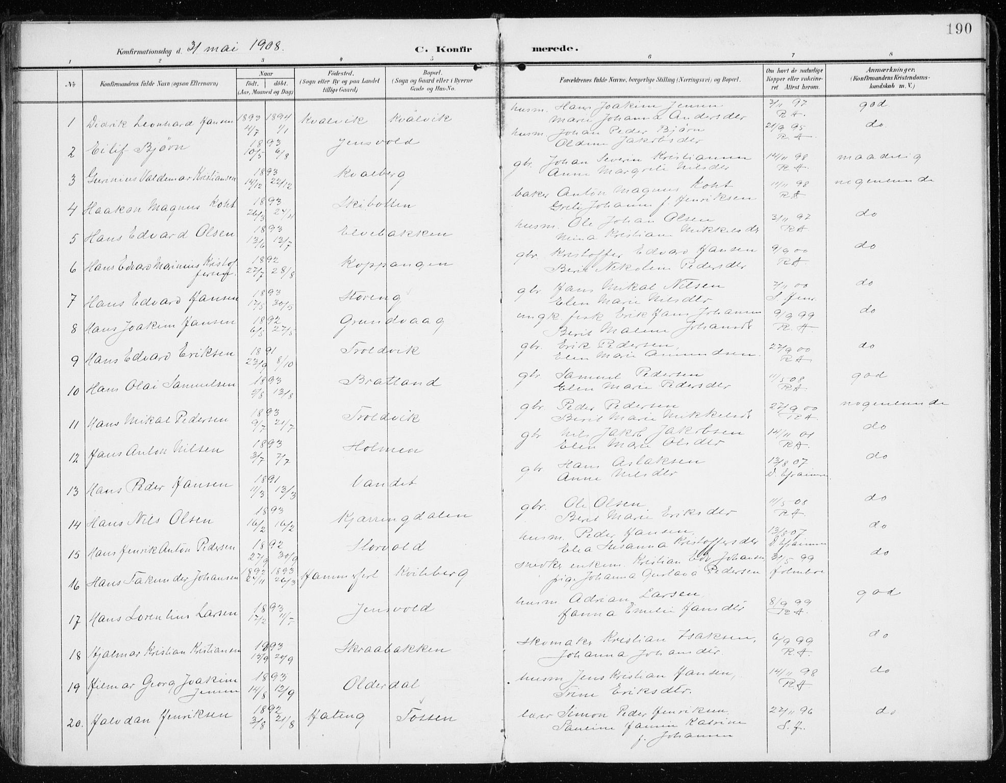 Lyngen sokneprestembete, SATØ/S-1289/H/He/Hea/L0011kirke: Parish register (official) no. 11, 1903-1913, p. 190