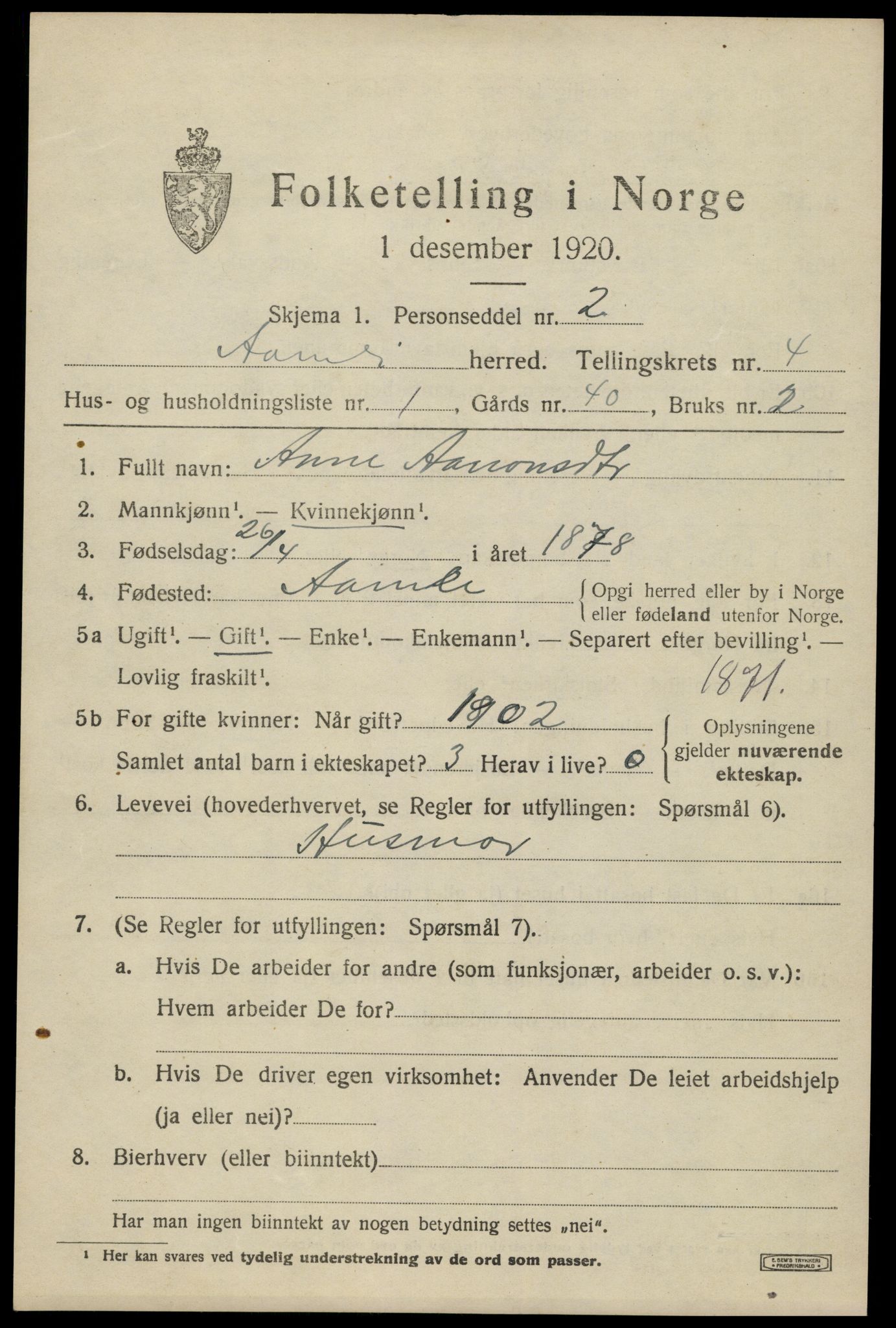 SAK, 1920 census for Åmli, 1920, p. 1857