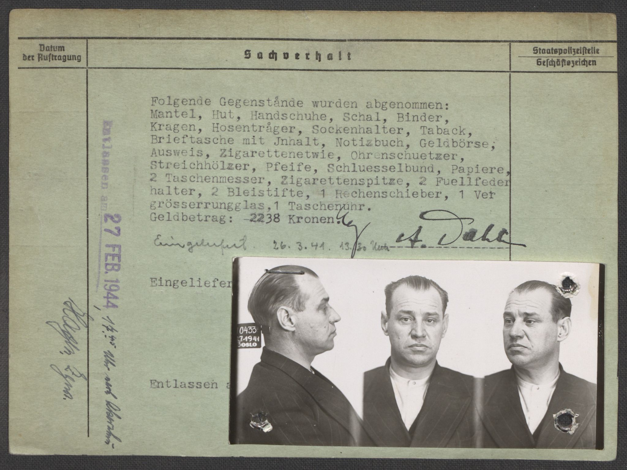 Befehlshaber der Sicherheitspolizei und des SD, AV/RA-RAFA-5969/E/Ea/Eaa/L0002: Register over norske fanger i Møllergata 19: Bj-Eng, 1940-1945, p. 1130