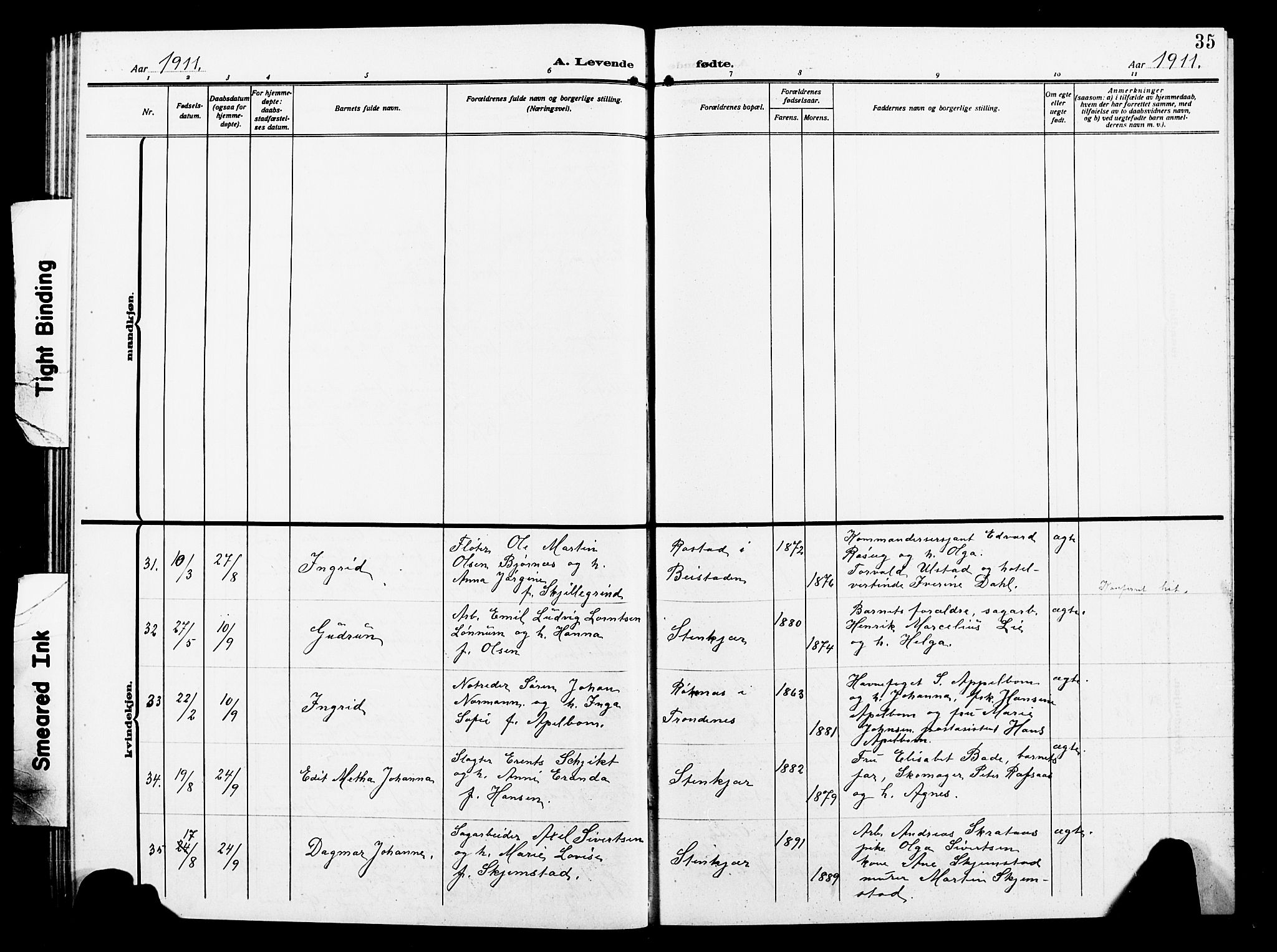 Ministerialprotokoller, klokkerbøker og fødselsregistre - Nord-Trøndelag, AV/SAT-A-1458/739/L0376: Parish register (copy) no. 739C04, 1908-1917, p. 35