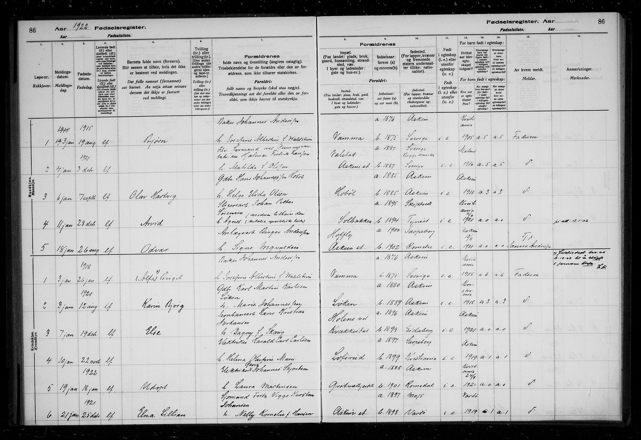 Askim prestekontor Kirkebøker, AV/SAO-A-10900/J/Ja/L0001: Birth register no. 1, 1916-1929, p. 86