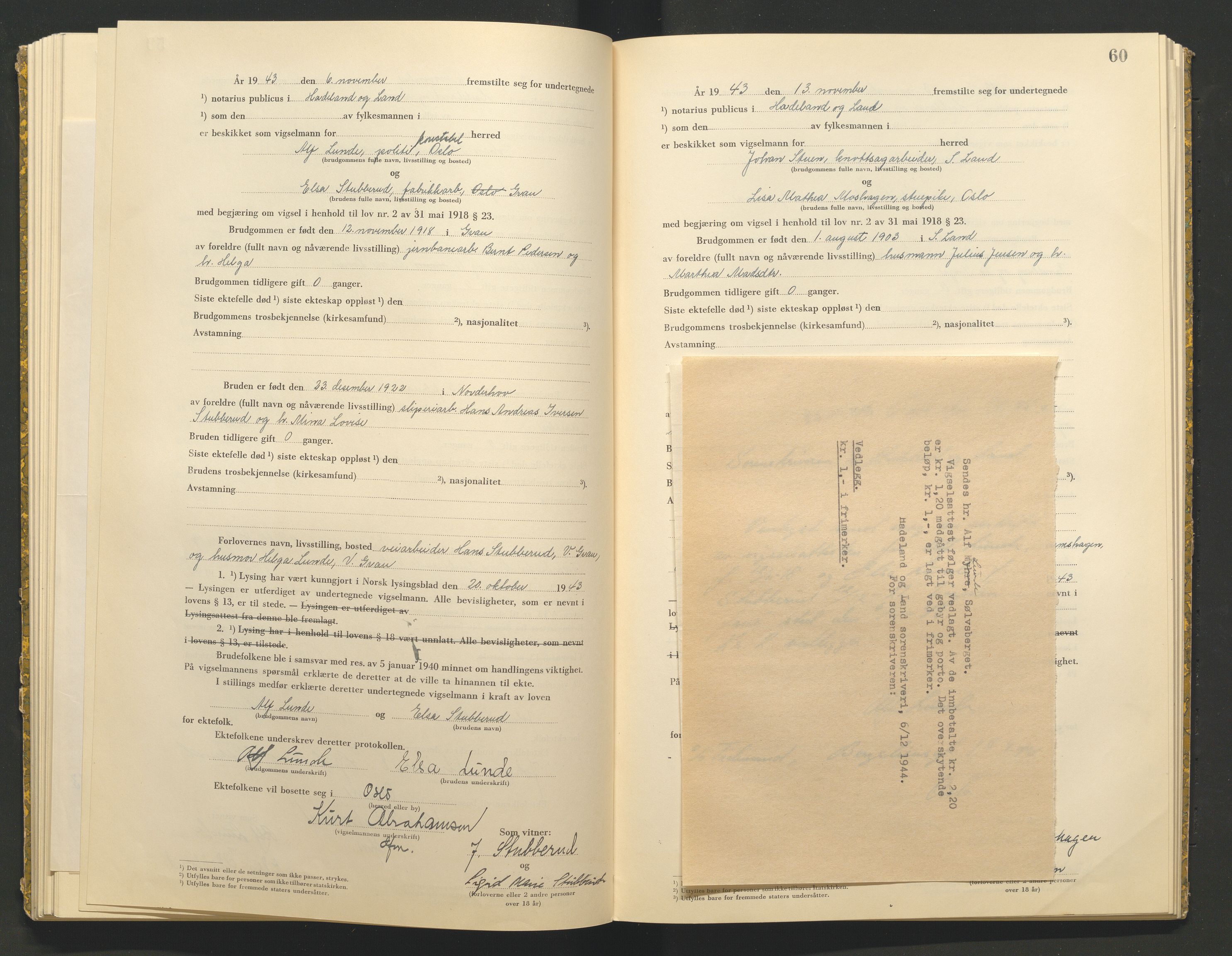 Hadeland og Land tingrett, AV/SAH-TING-010/L/Lb/L0002: Vigselbok, 1943-1944, p. 60
