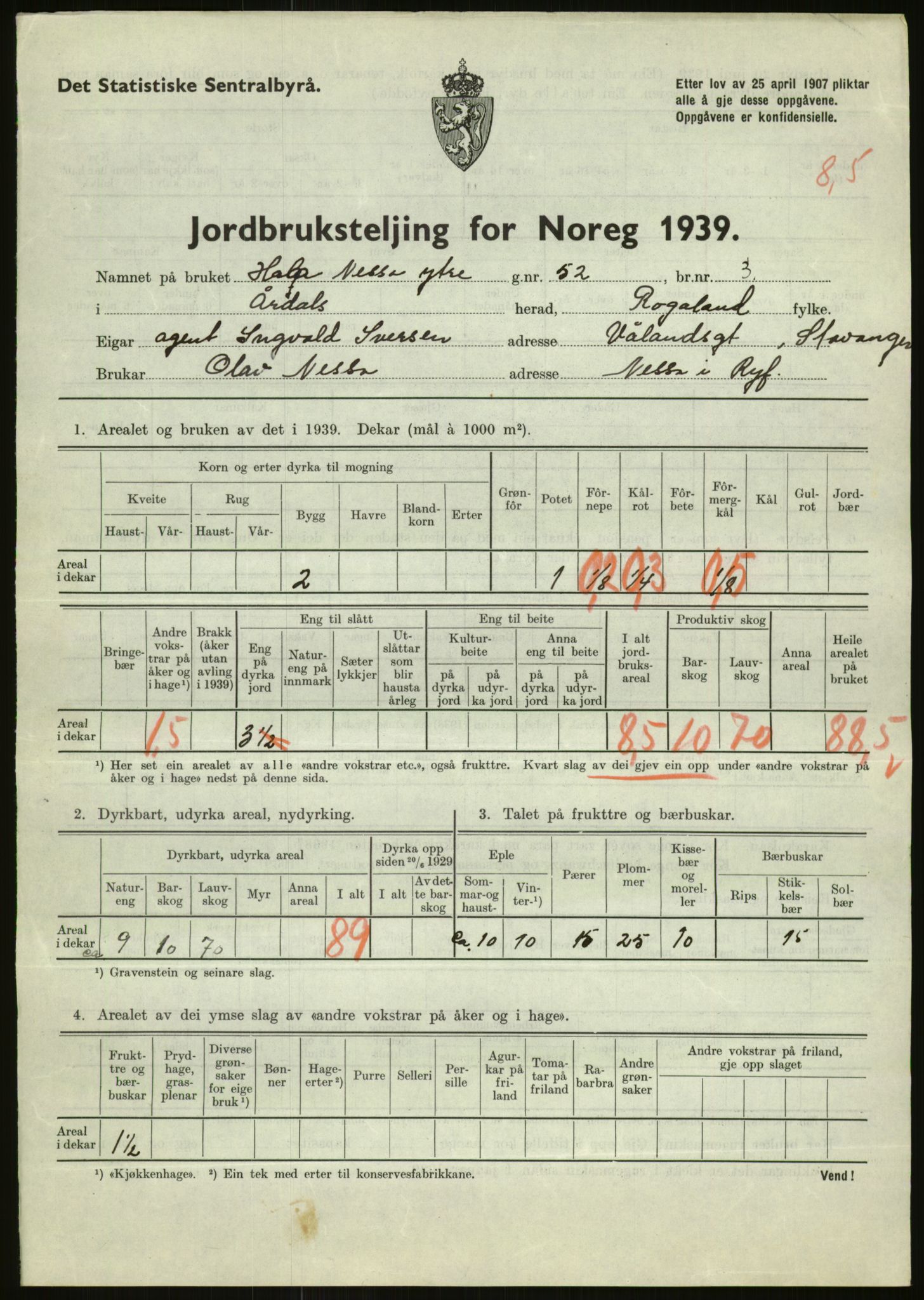 Statistisk sentralbyrå, Næringsøkonomiske emner, Jordbruk, skogbruk, jakt, fiske og fangst, AV/RA-S-2234/G/Gb/L0184: Rogaland: Årdal, Fister og Hjelmeland, 1939, p. 481