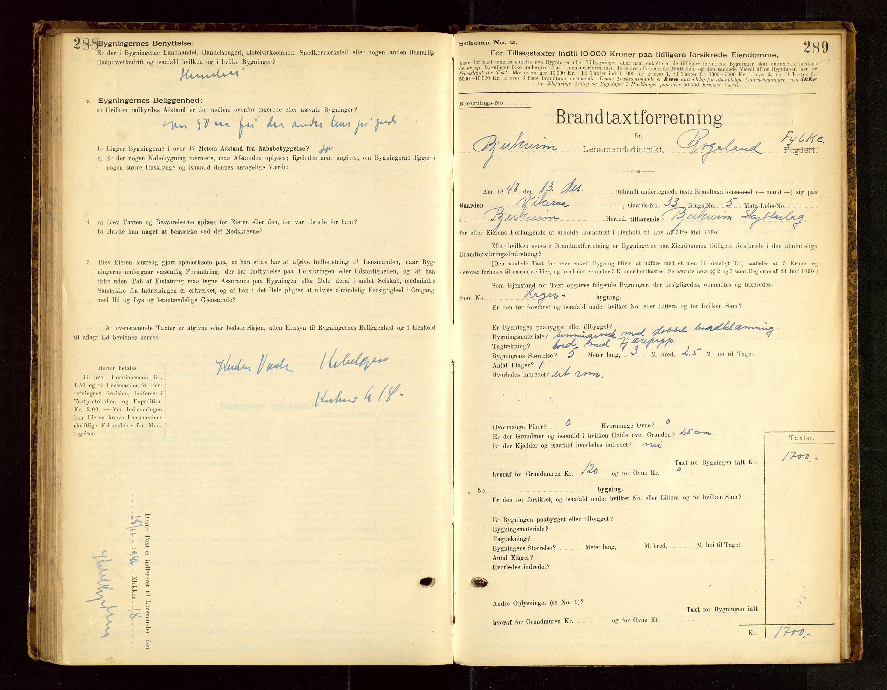 Bjerkreim lensmannskontor, SAST/A-100090/Gob/L0001: "Brandtaxationsprotokol", 1895-1950, p. 288-289