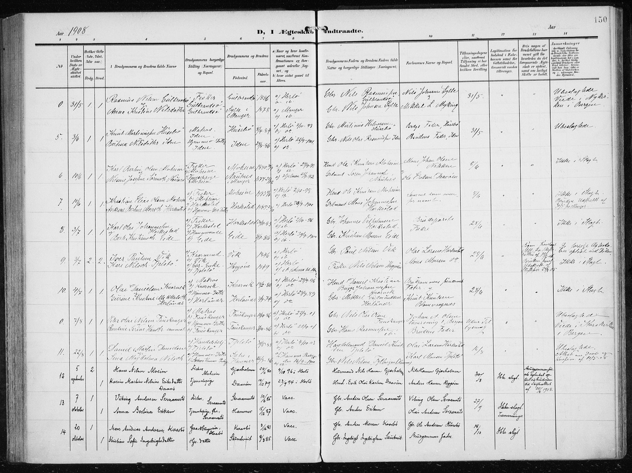 Herdla Sokneprestembete, AV/SAB-A-75701/H/Haa: Parish register (official) no. A 5, 1905-1918, p. 150