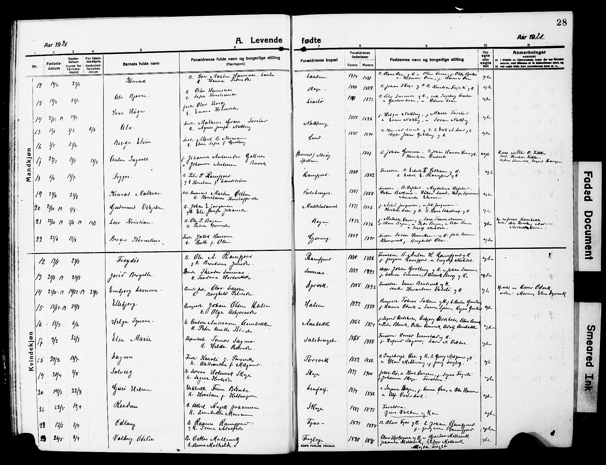 Ministerialprotokoller, klokkerbøker og fødselsregistre - Nord-Trøndelag, AV/SAT-A-1458/780/L0653: Parish register (copy) no. 780C05, 1911-1927, p. 28