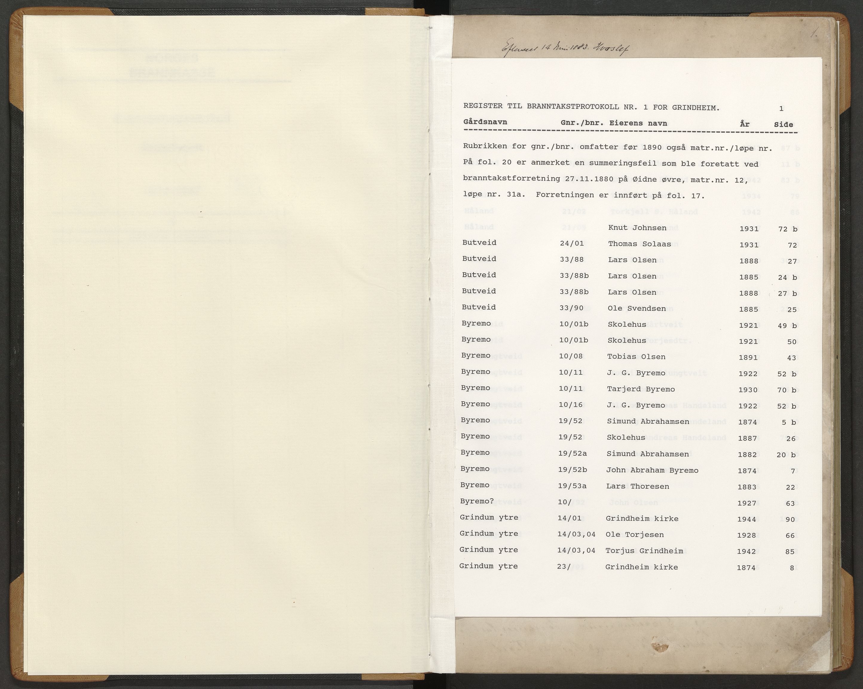 Norges Brannkasse Grindheim, AV/SAK-2241-0019/F/Fa/L0001: Branntakstprotokoll nr. 1 med gårdsnavnregister, 1874-1947