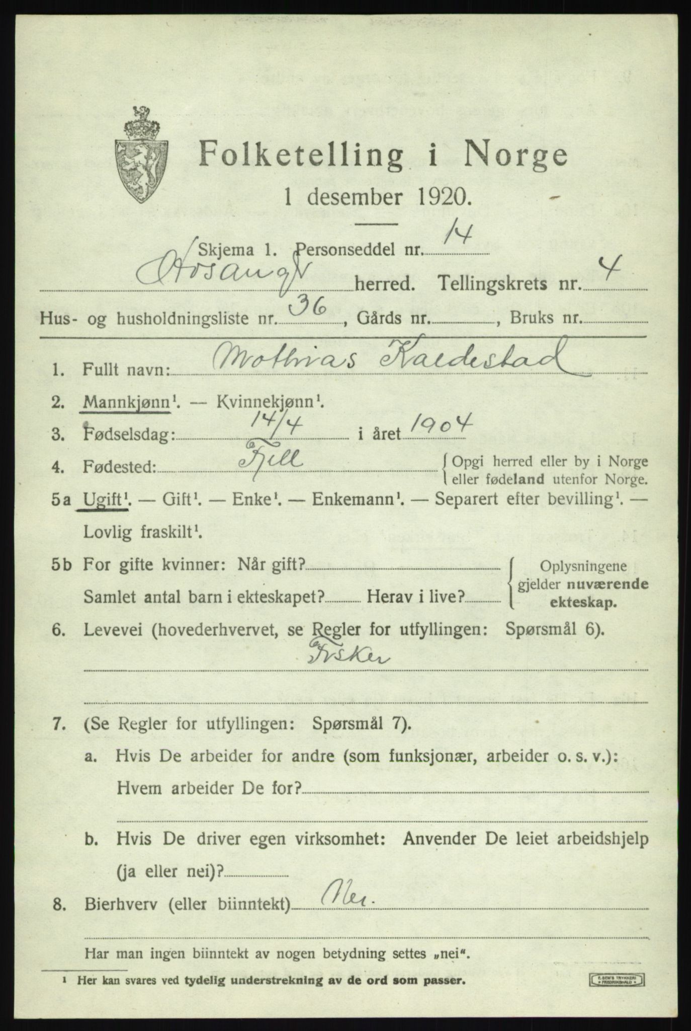 SAB, 1920 census for Hosanger, 1920, p. 2333