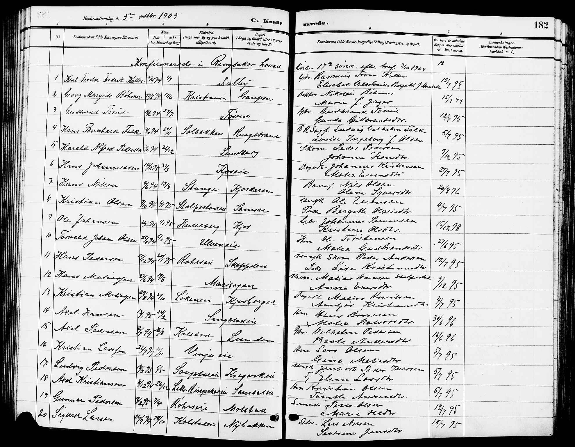 Ringsaker prestekontor, AV/SAH-PREST-014/L/La/L0015: Parish register (copy) no. 15, 1903-1912, p. 182