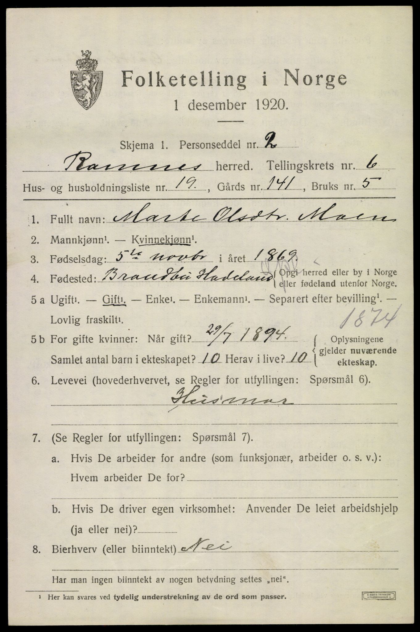 SAKO, 1920 census for Ramnes, 1920, p. 6366