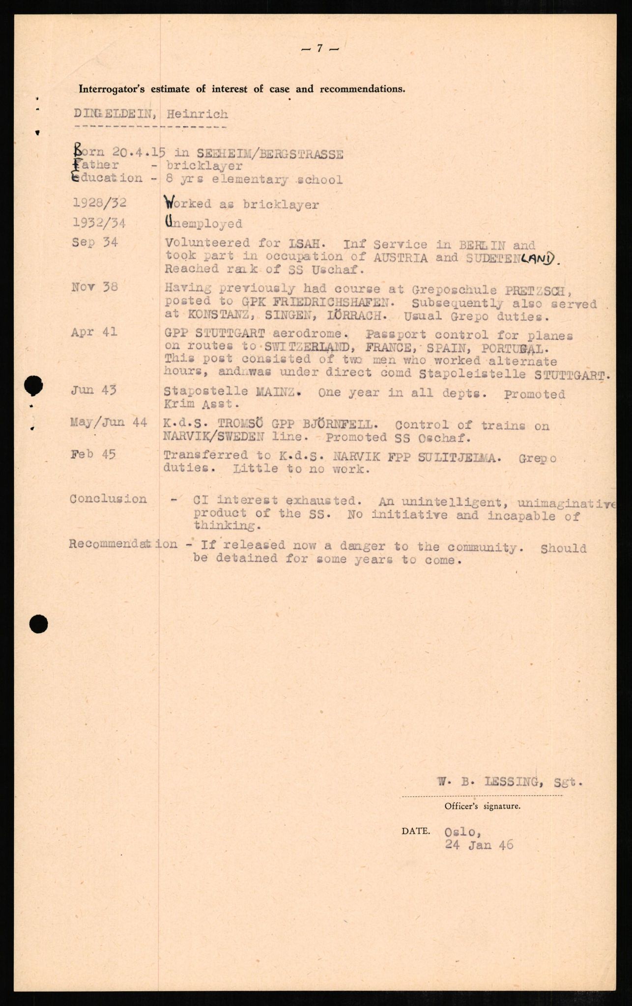 Forsvaret, Forsvarets overkommando II, AV/RA-RAFA-3915/D/Db/L0006: CI Questionaires. Tyske okkupasjonsstyrker i Norge. Tyskere., 1945-1946, p. 98