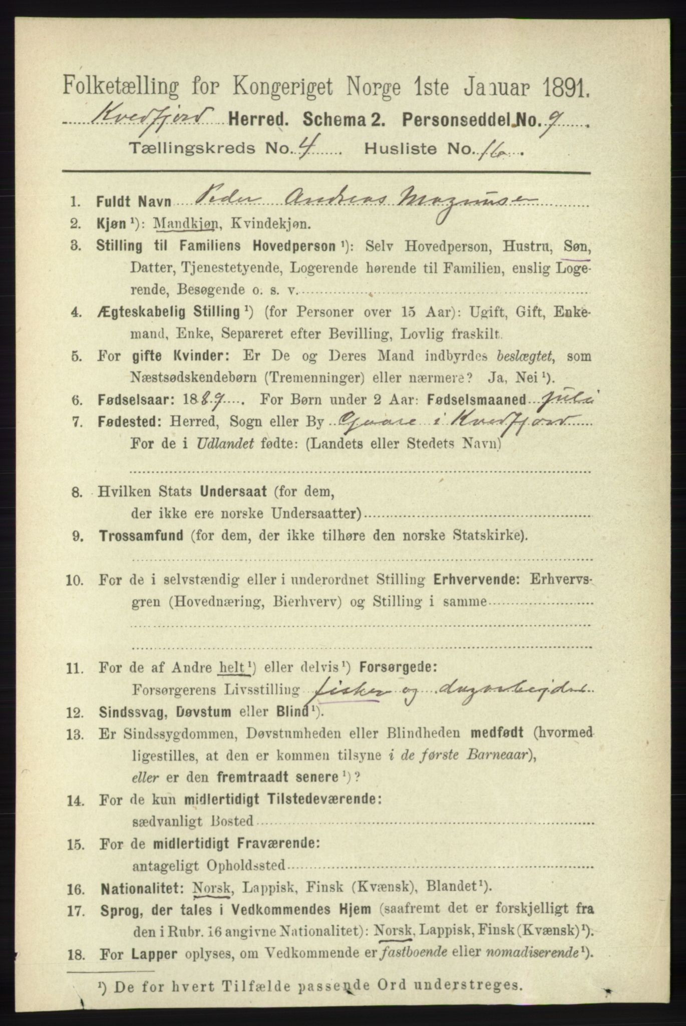 RA, 1891 census for 1911 Kvæfjord, 1891, p. 1992