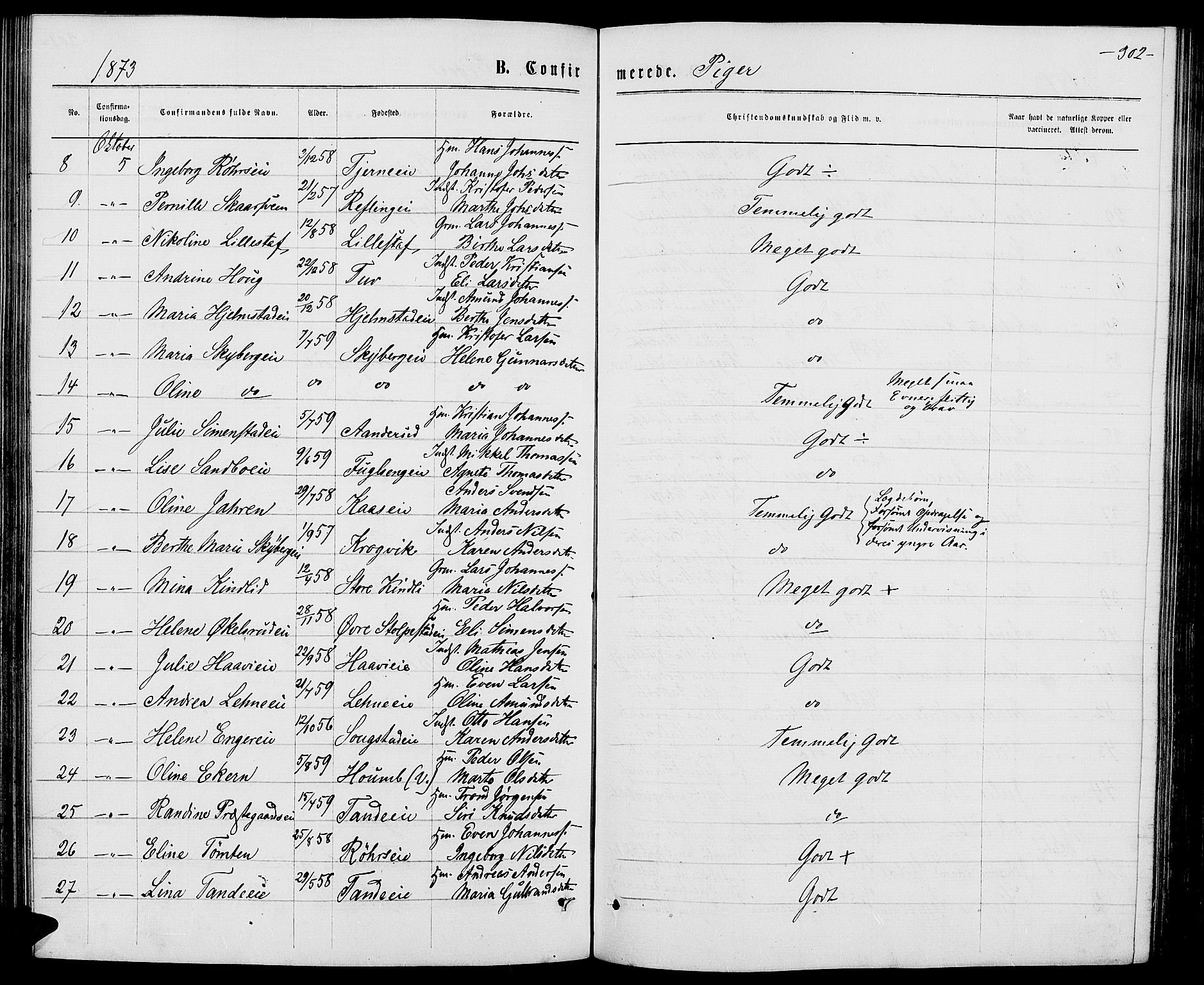 Ringsaker prestekontor, AV/SAH-PREST-014/L/La/L0008: Parish register (copy) no. 8, 1870-1878, p. 302