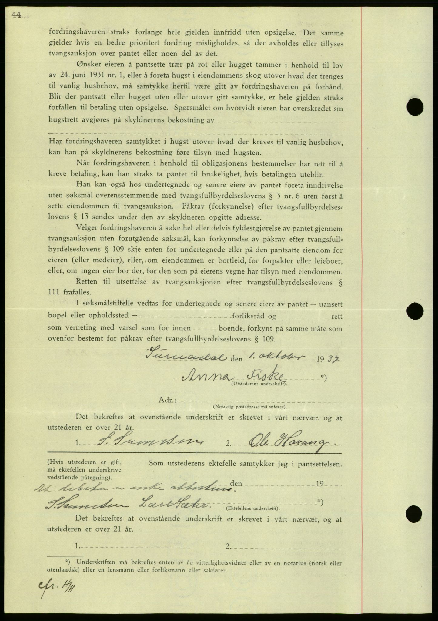 Nordmøre sorenskriveri, AV/SAT-A-4132/1/2/2Ca/L0092: Mortgage book no. B82, 1937-1938, Diary no: : 2412/1937